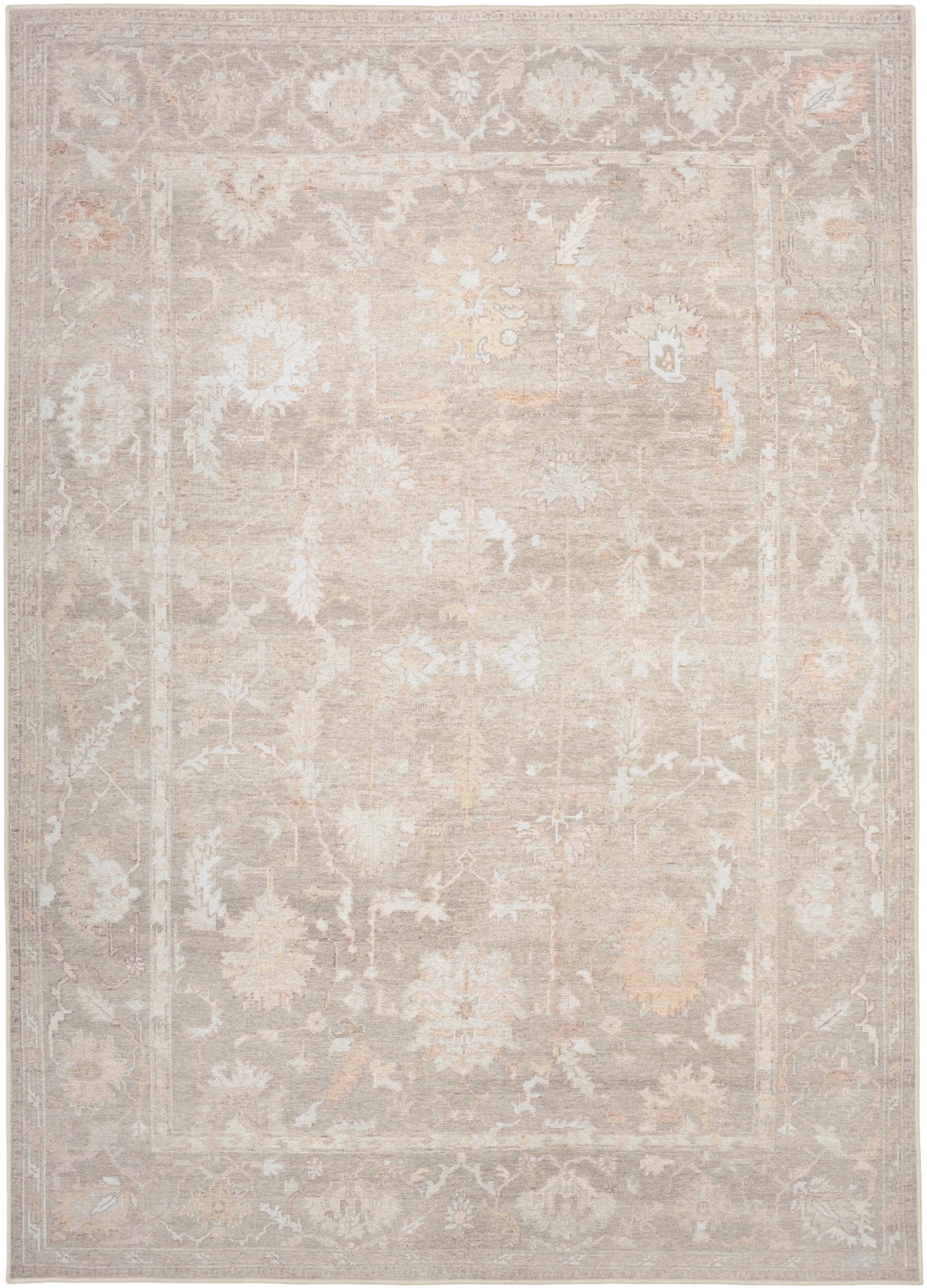 Neutral beige-gray oriental area rug with faded floral medallion border and antique distressed look.