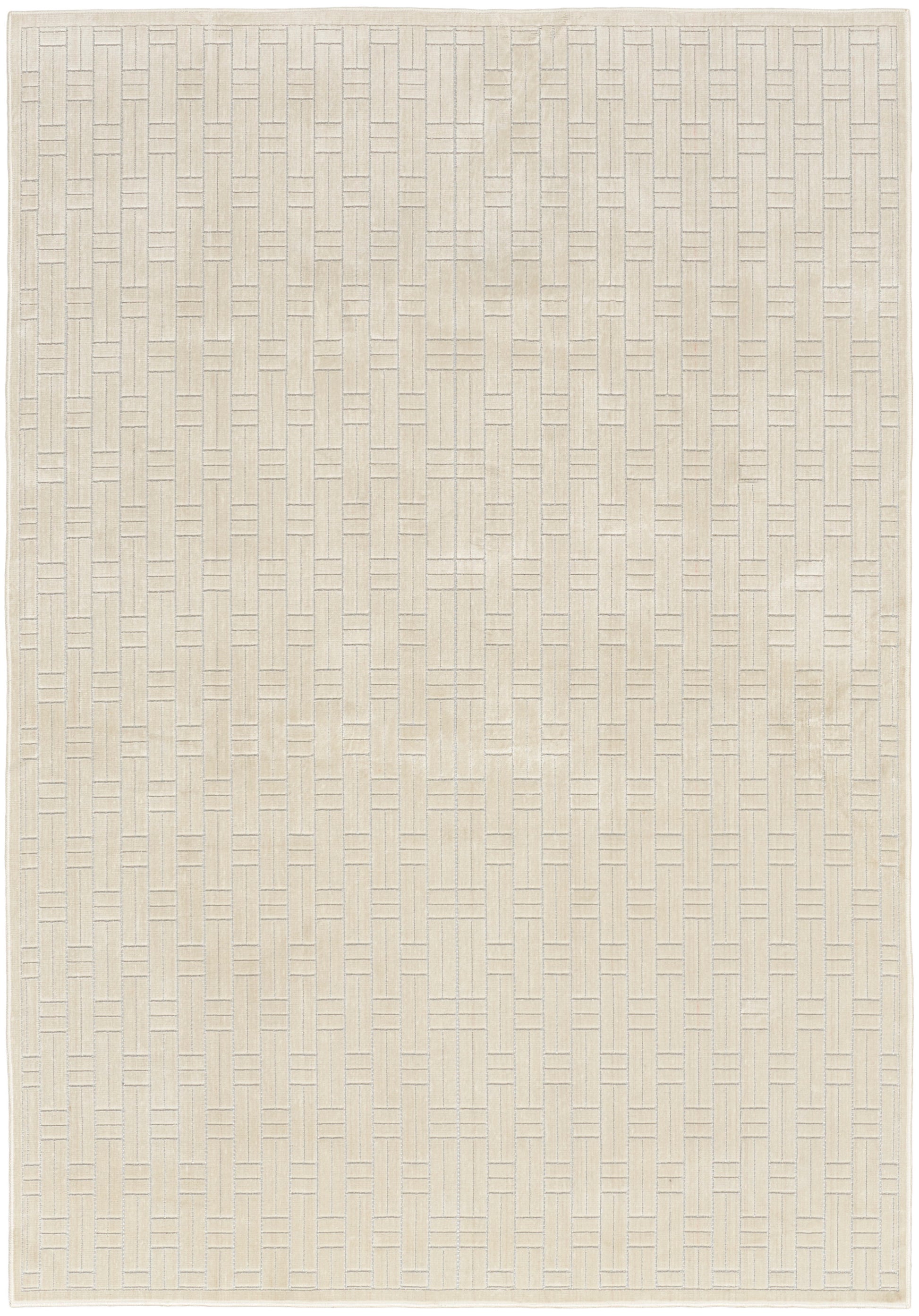 Beige woven area rug with subtle basket-weave pattern; soft neutral color, rectangular shape.
