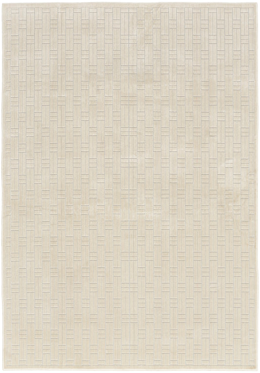 Beige woven area rug with subtle basket-weave pattern; soft neutral color, rectangular shape.