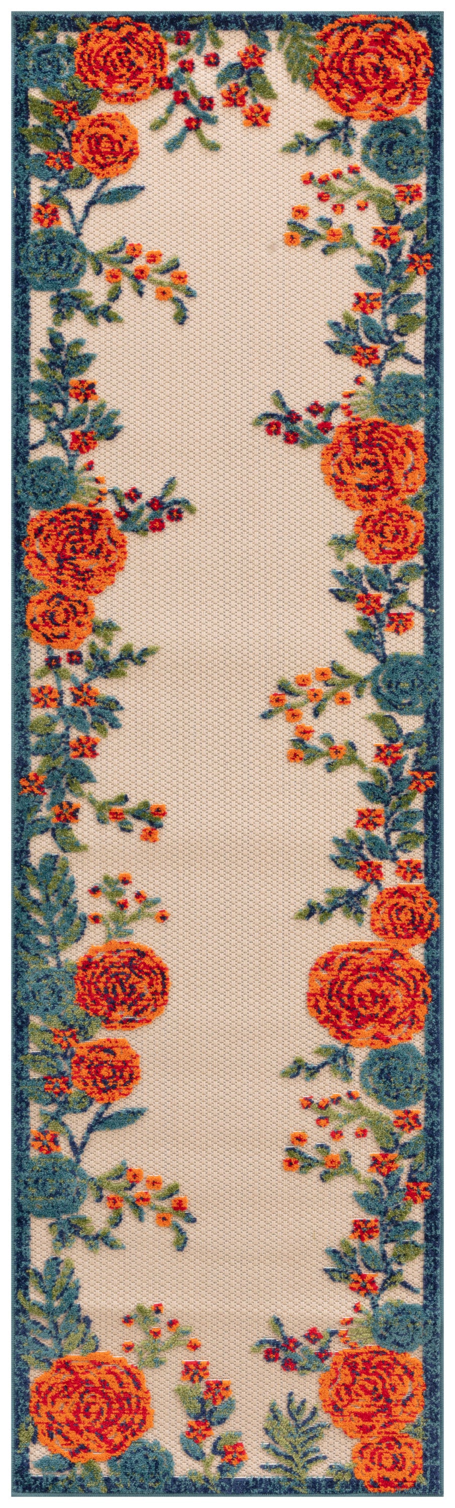 Floral runner rug with bright orange roses and teal-green leaves along a cream center and blue border