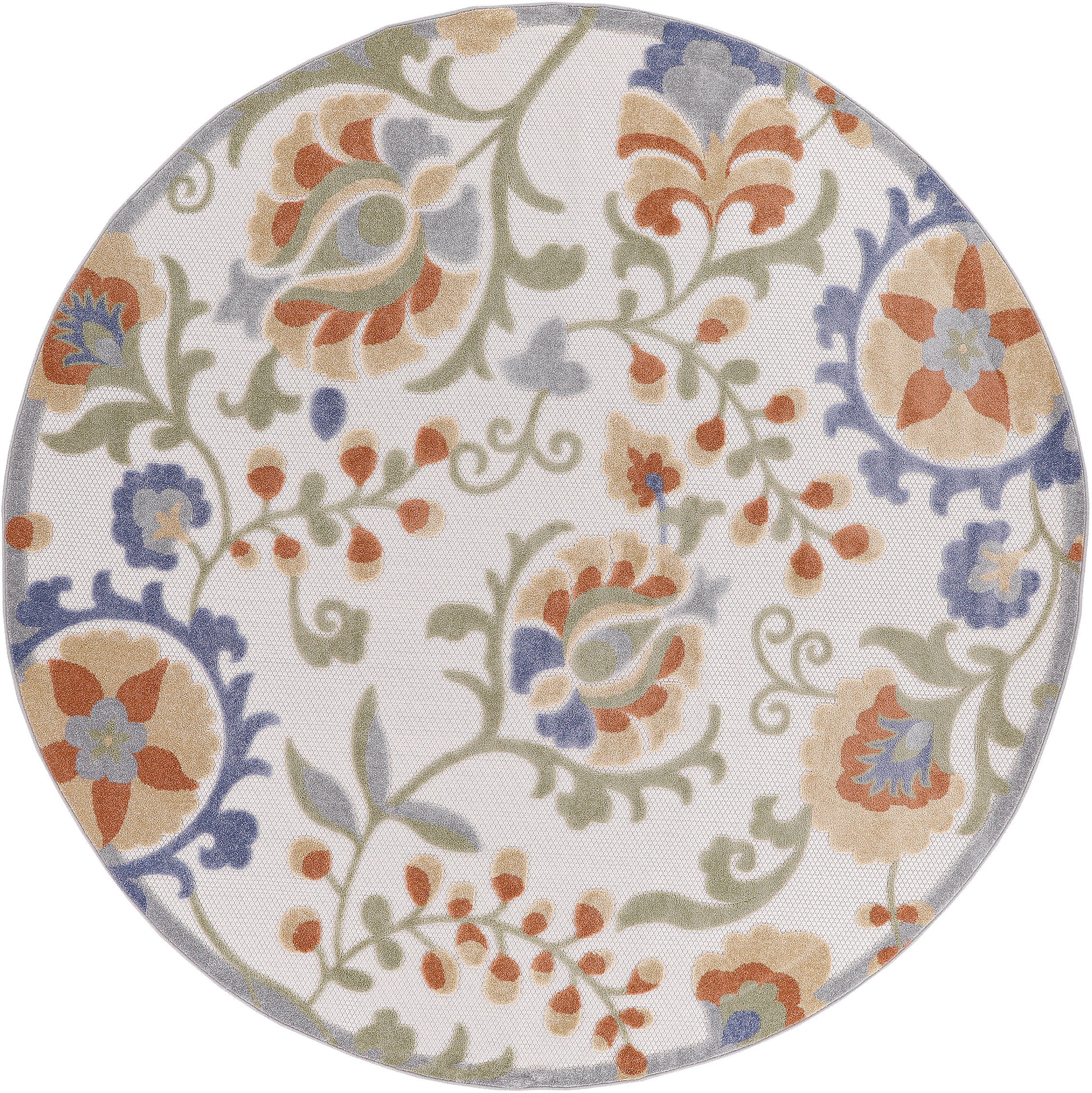 Round outdoor rug with a pastel floral scroll pattern in orange, blue, green and beige (5' diameter).