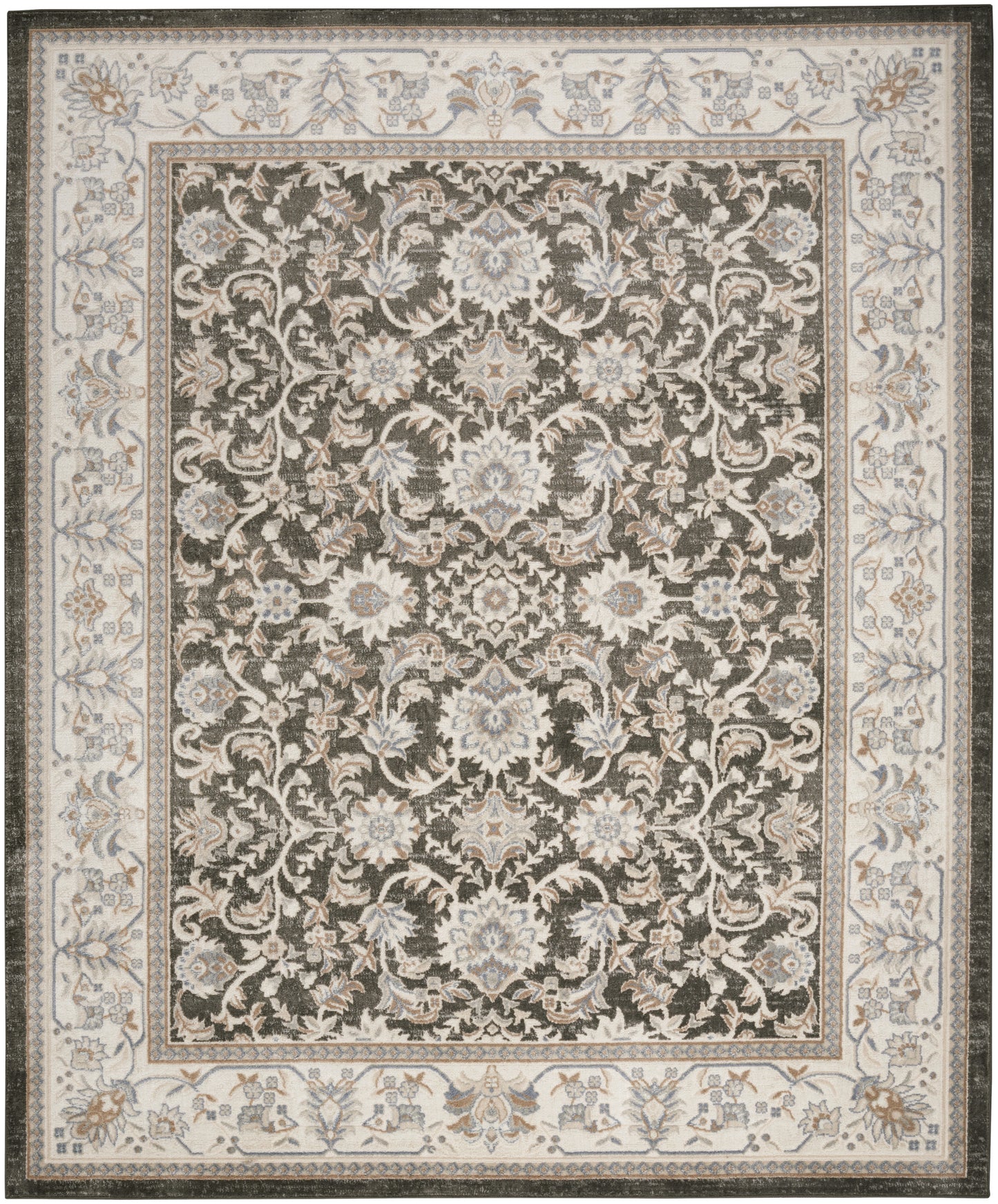 Persian-style area rug with dark central field and ivory border, ivory-blue floral medallions, classic oriental pattern.