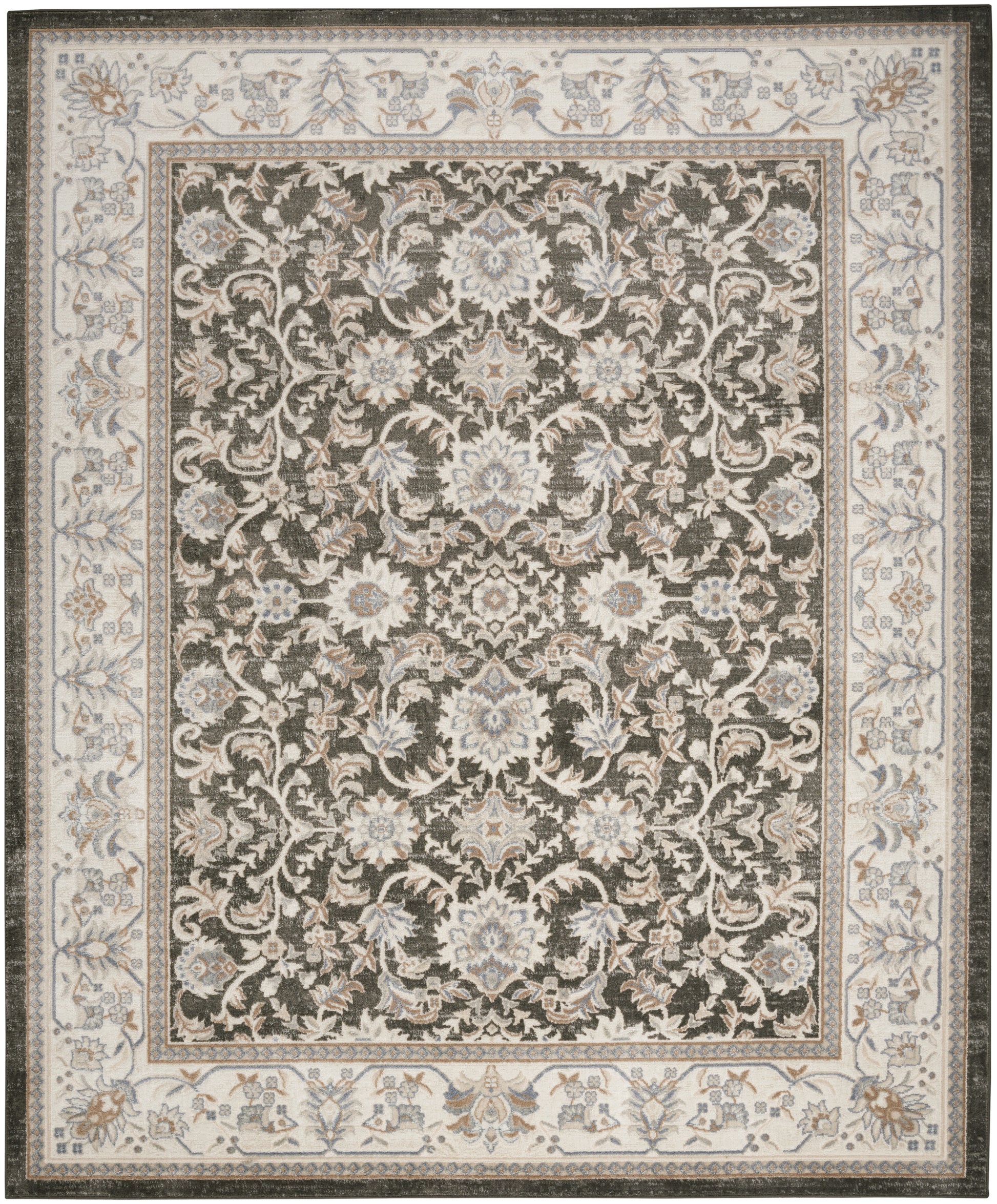 Persian-style area rug with dark central field and ivory border, ivory-blue floral medallions, classic oriental pattern.