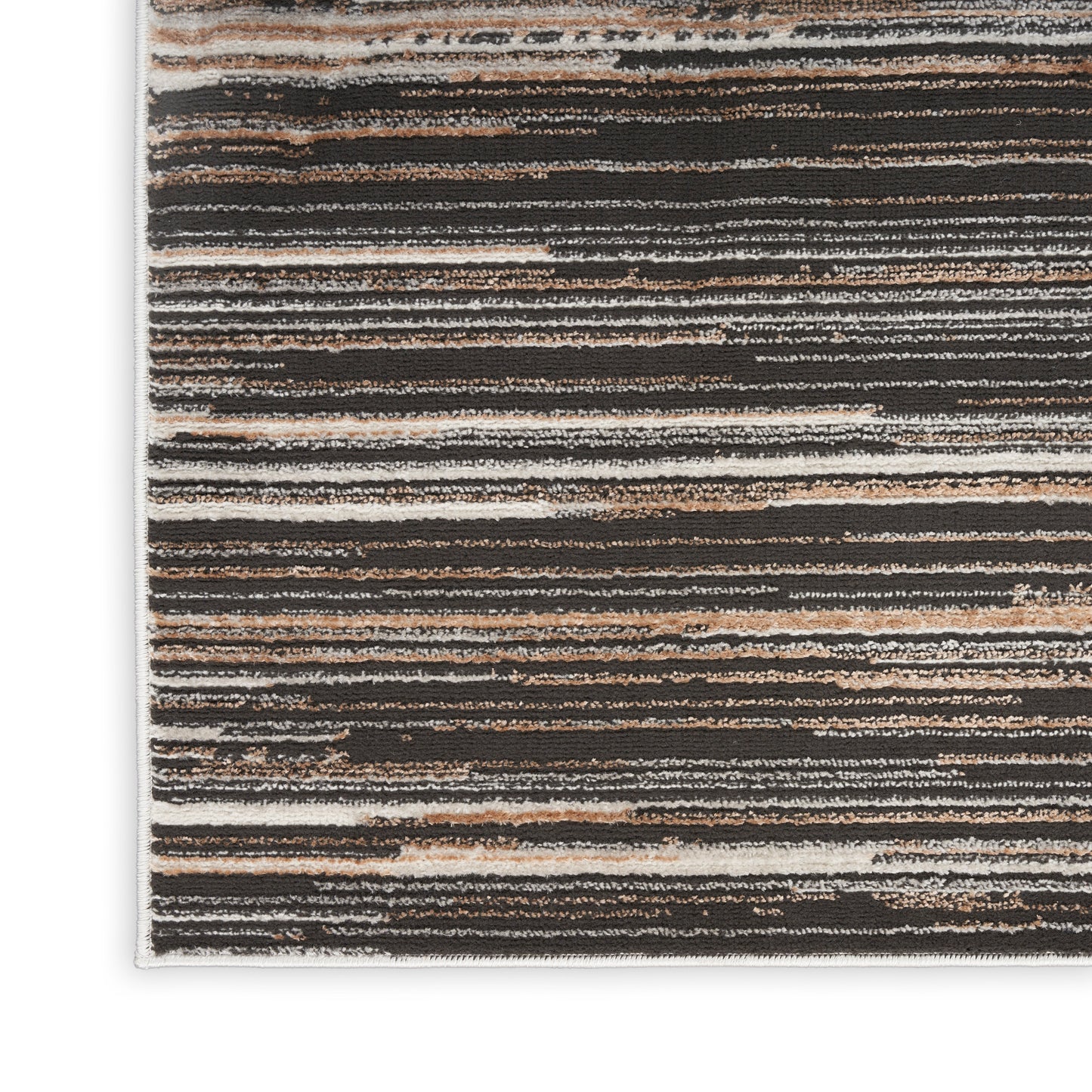 Textured striped area rug in dark brown, taupe, beige and ivory with a light border.