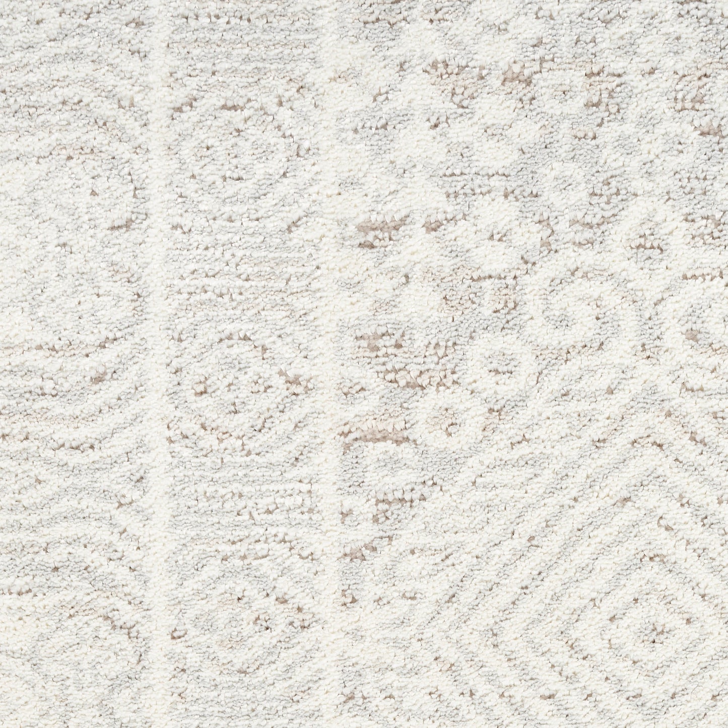 Cream rug with plush texture and beige geometric medallion pattern; neutral, oriental-inspired style.
