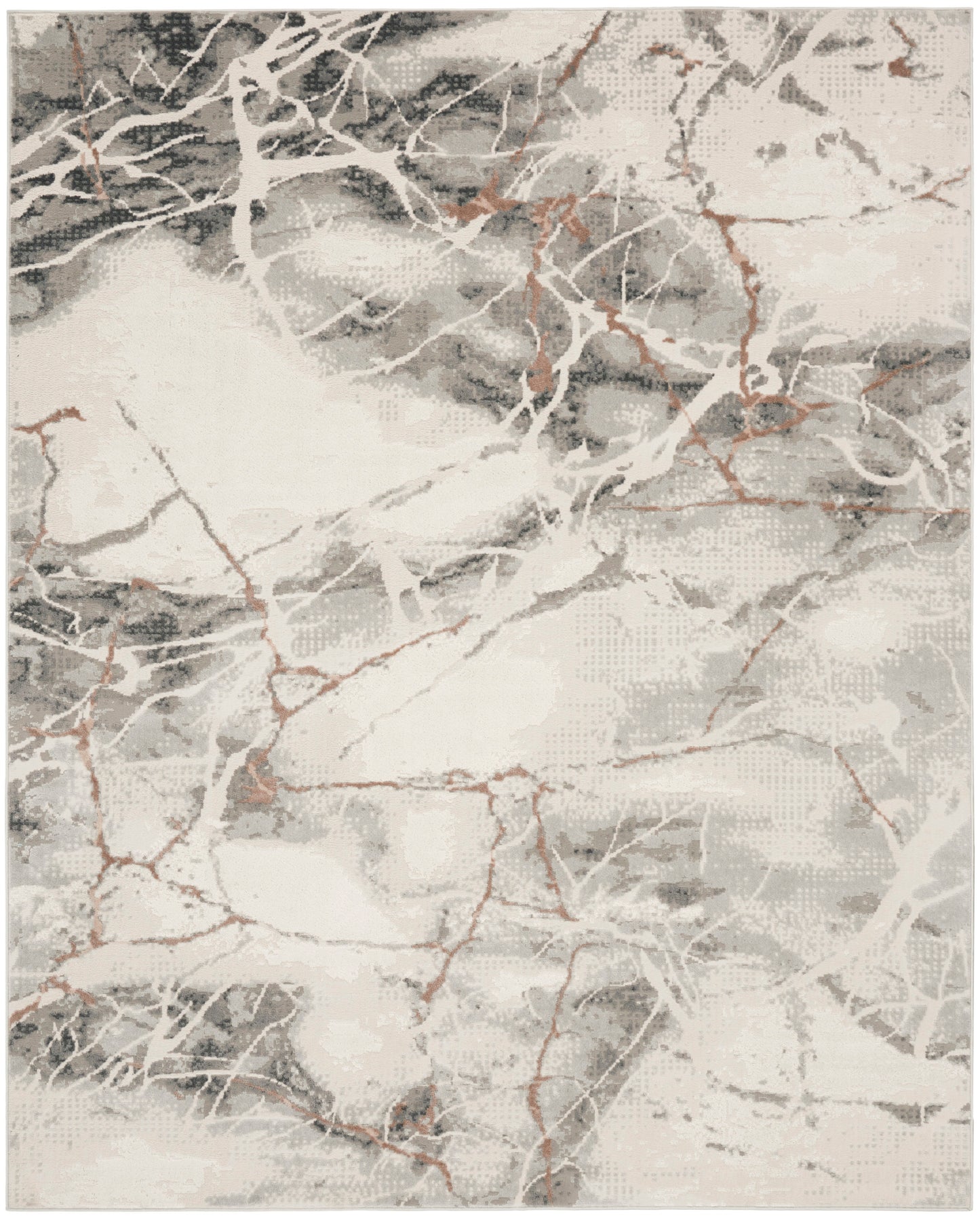 Marble-pattern area rug in gray, white and copper veining; contemporary, soft-textured.