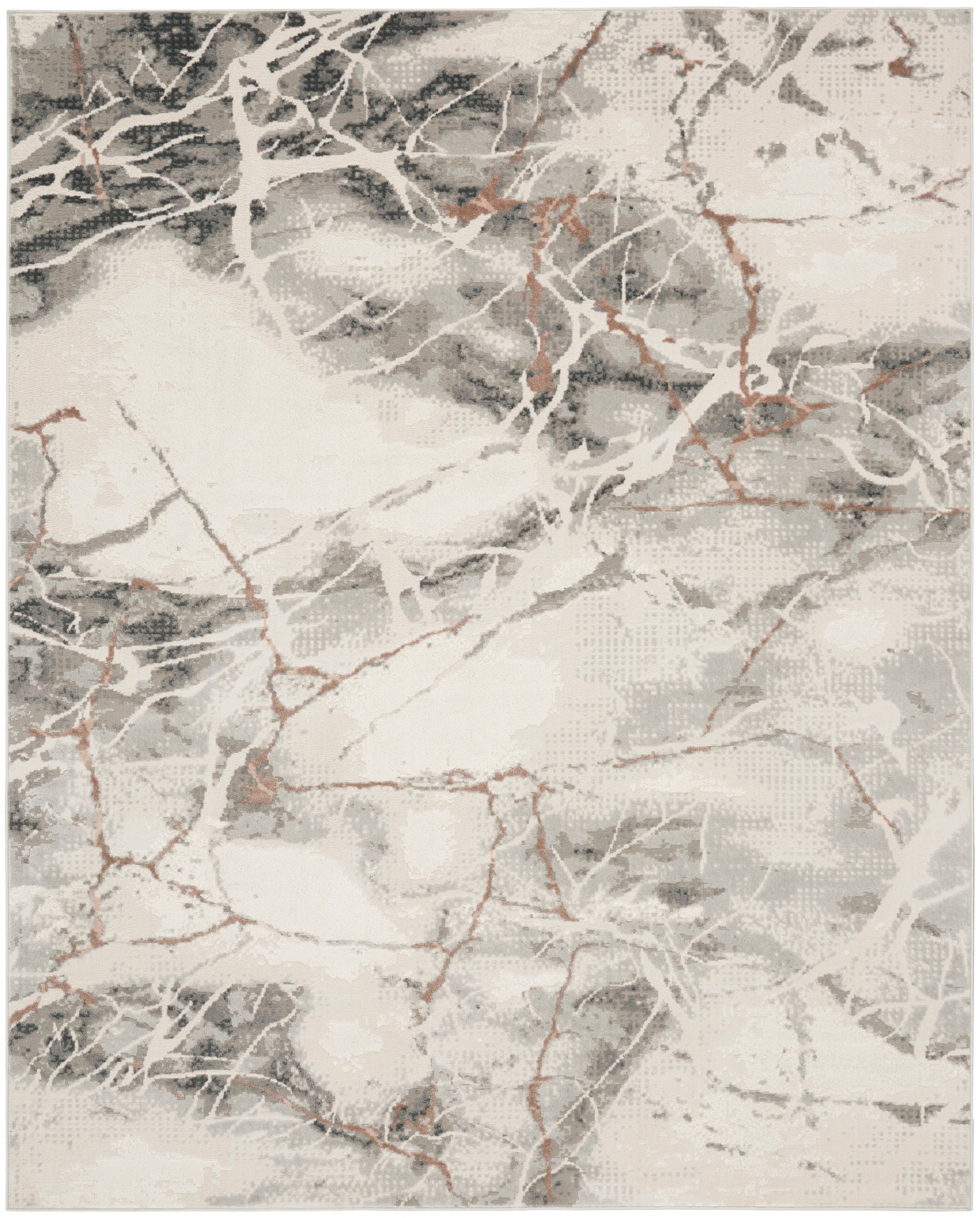 Marble-pattern area rug in gray, white and copper veining; contemporary, soft-textured.