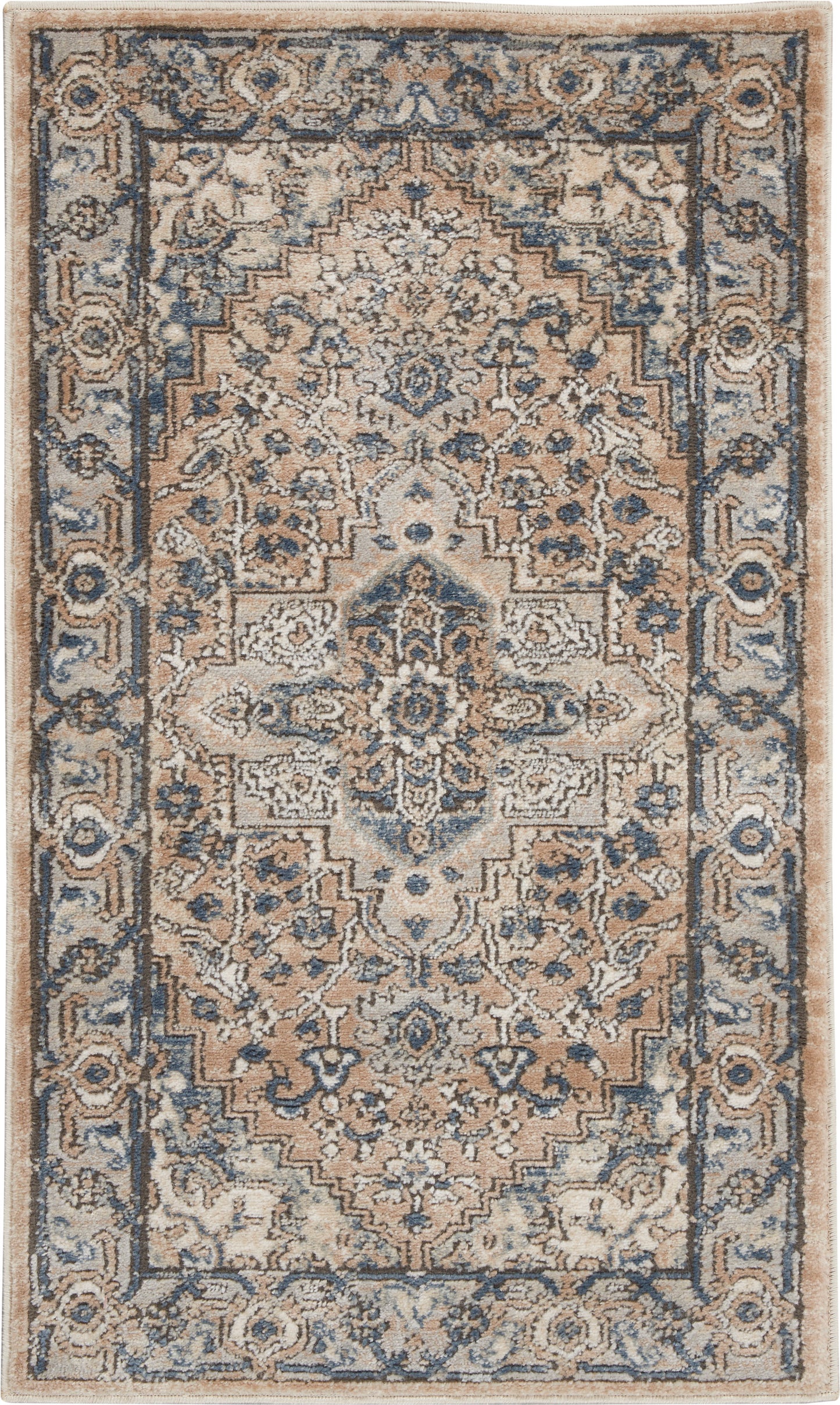 Ornate Persian-style rug with central medallion, beige field, and blue border.