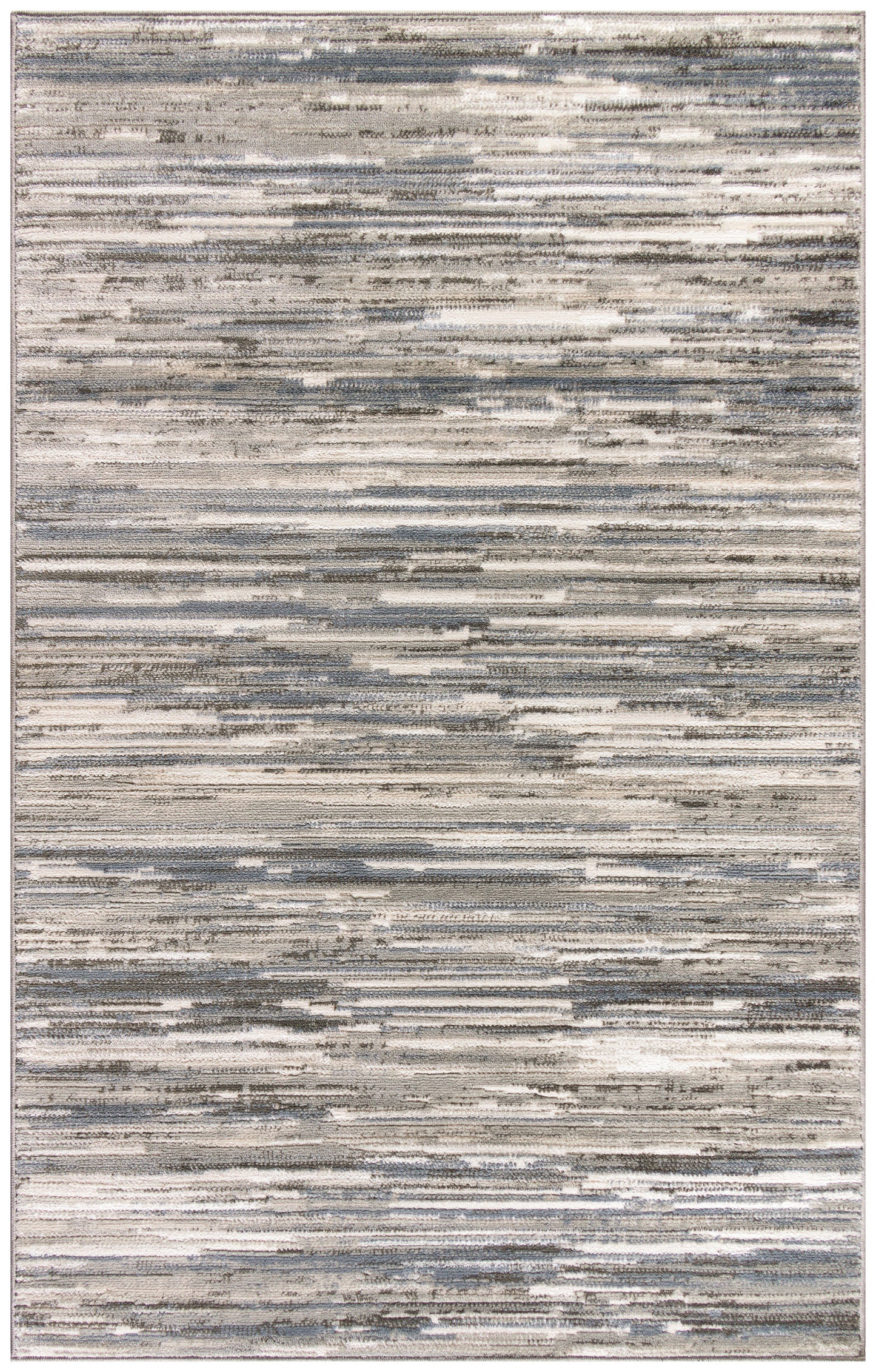 Abstract striped area rug in neutral beige, gray and blue tones with a distressed pattern.