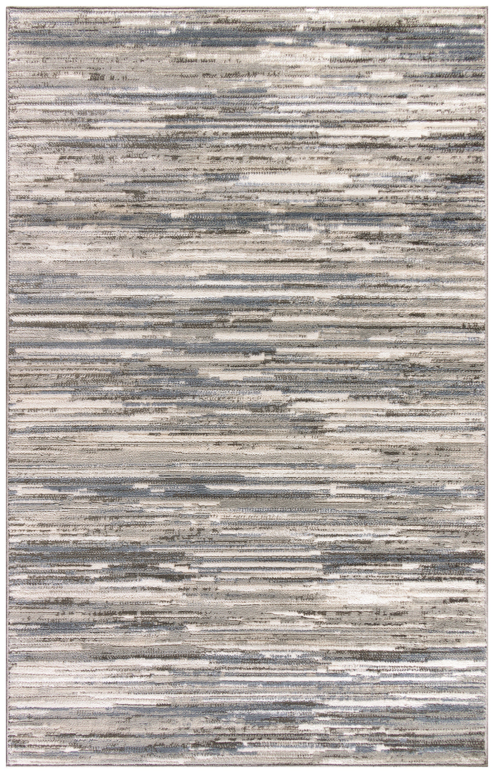 Abstract striped area rug in neutral beige, gray and blue tones with a distressed pattern.
