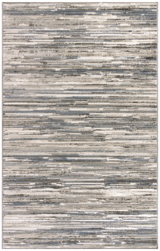 Abstract striped area rug in neutral beige, gray and blue tones with a distressed pattern.