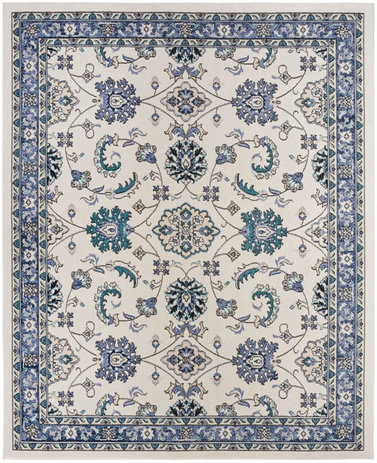 Rectangular ivory area rug with blue & teal floral motifs and ornate blue border; Persian-inspired design.