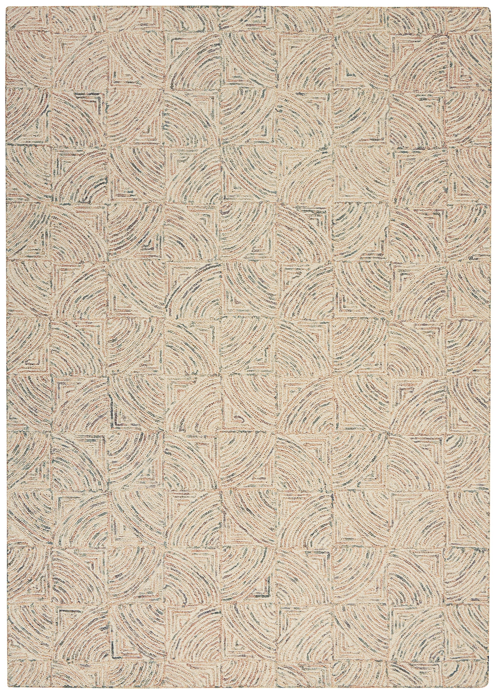 Beige woven area rug with a modern geometric pattern of square blocks and curved blue-gray swirls.