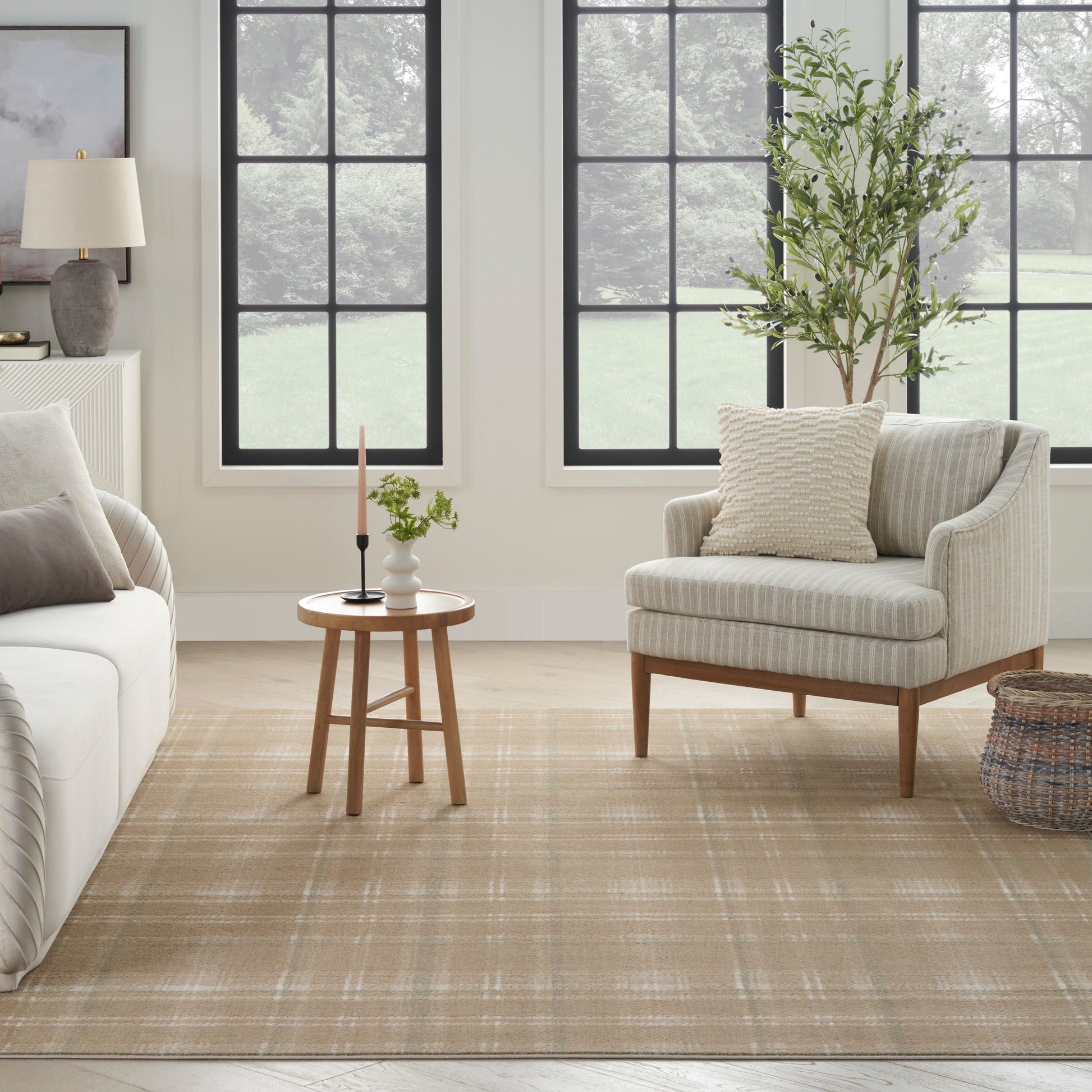 Neutral living room with beige striped armchair, round wooden side table, tall plant, beige plaid rug, and dark windows.