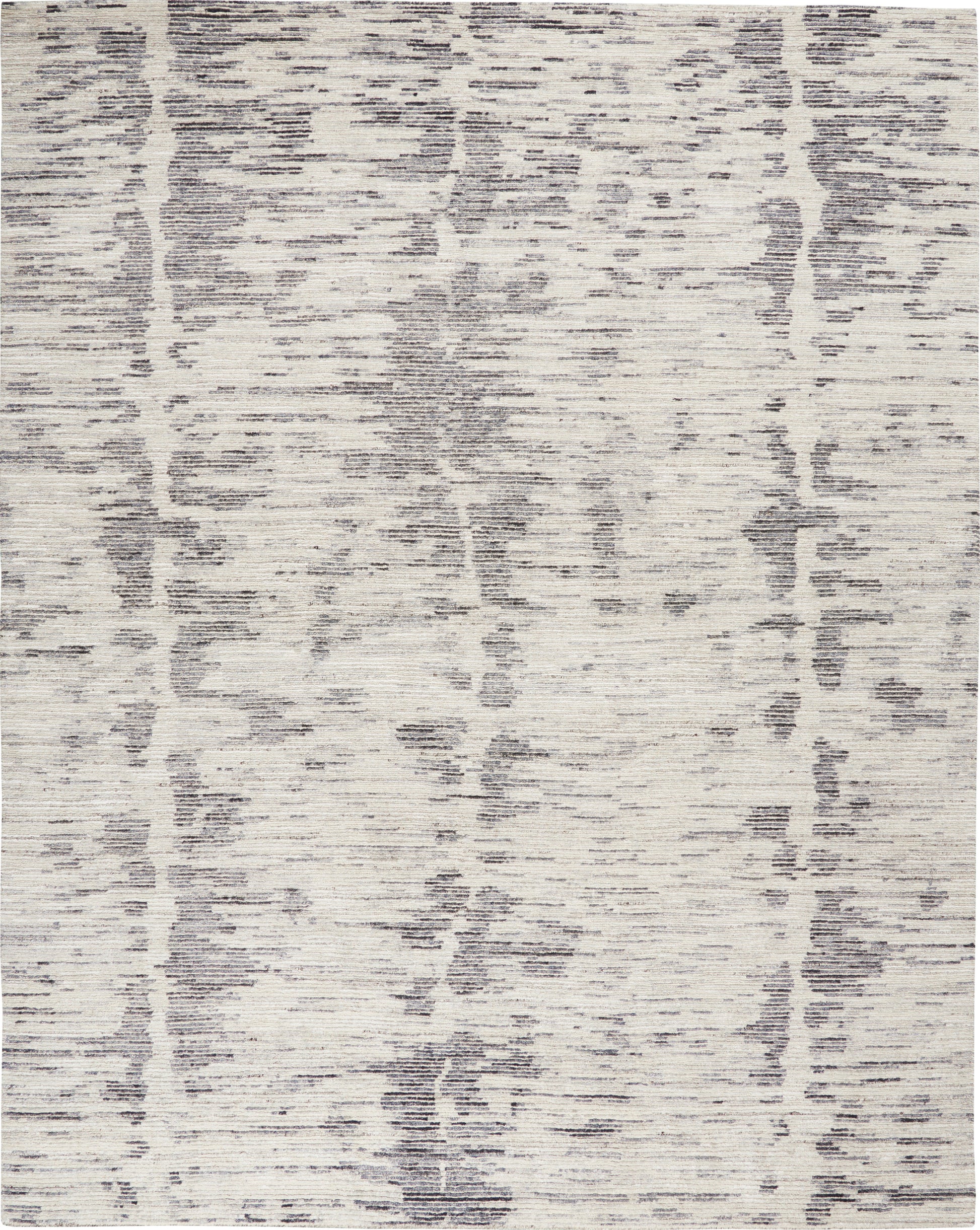 Rectangular cream and gray distressed-pattern rug with an abstract, woven texture.