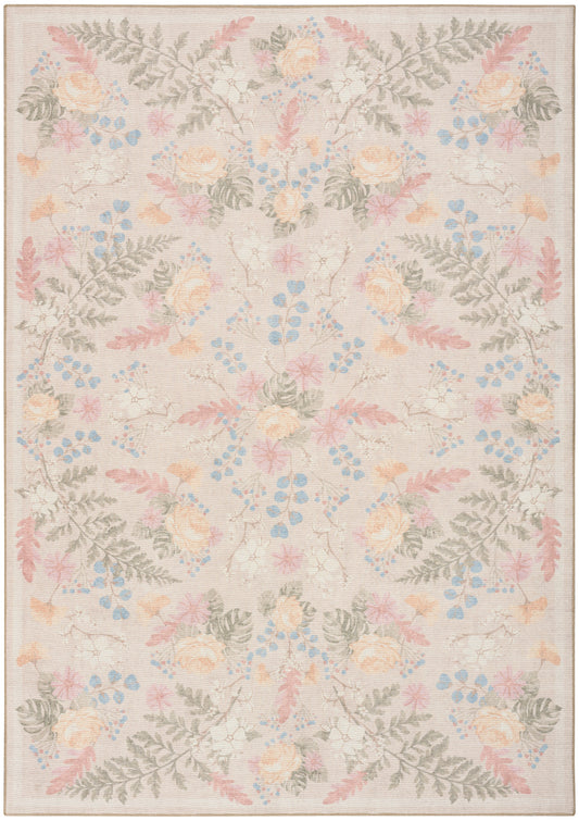 Rectangular pastel floral damask area rug with cream background, pink and peach blossoms, blue accents and gray green ferns.