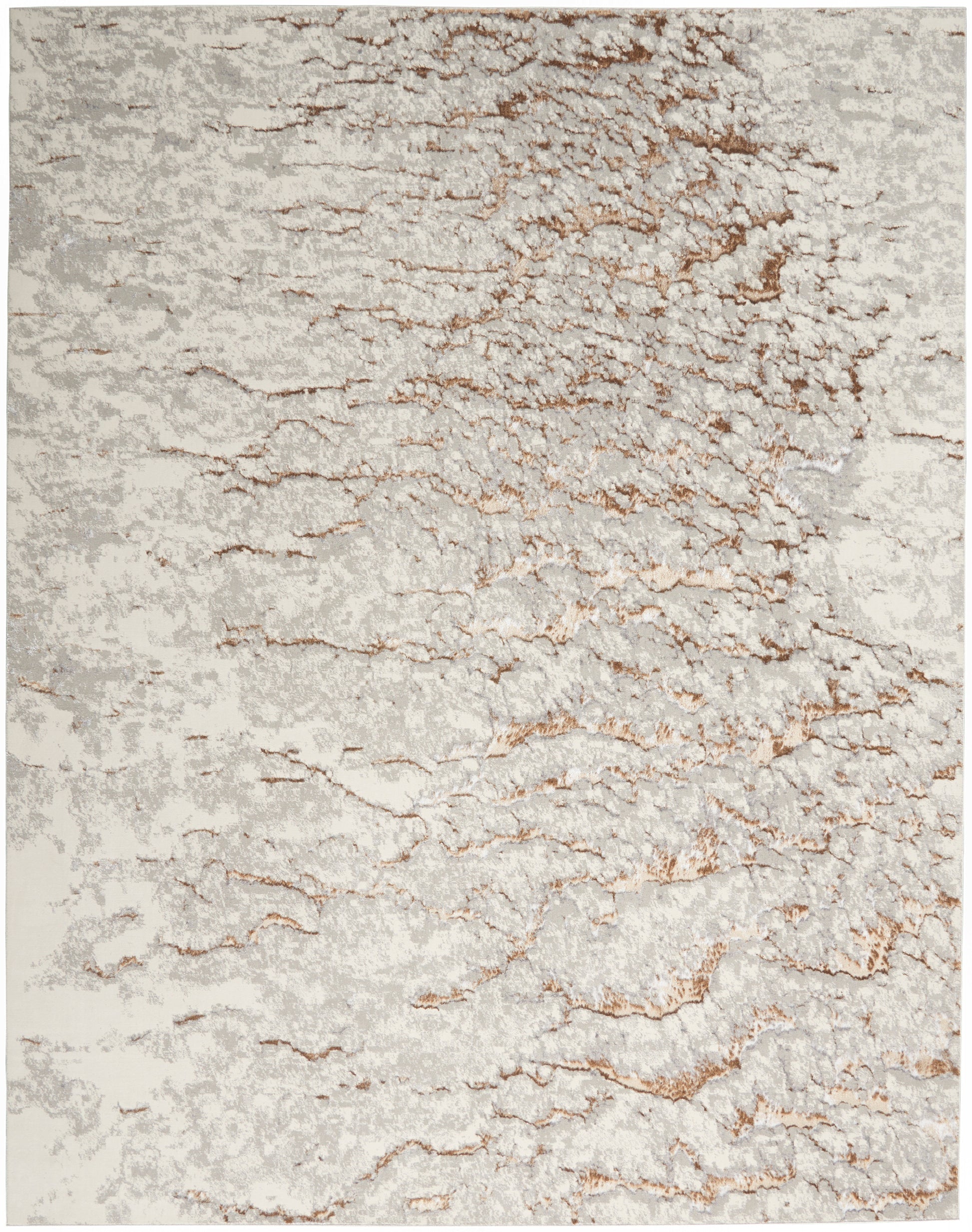Cream and light gray rug with copper metallic veining in a marbled crackle pattern.