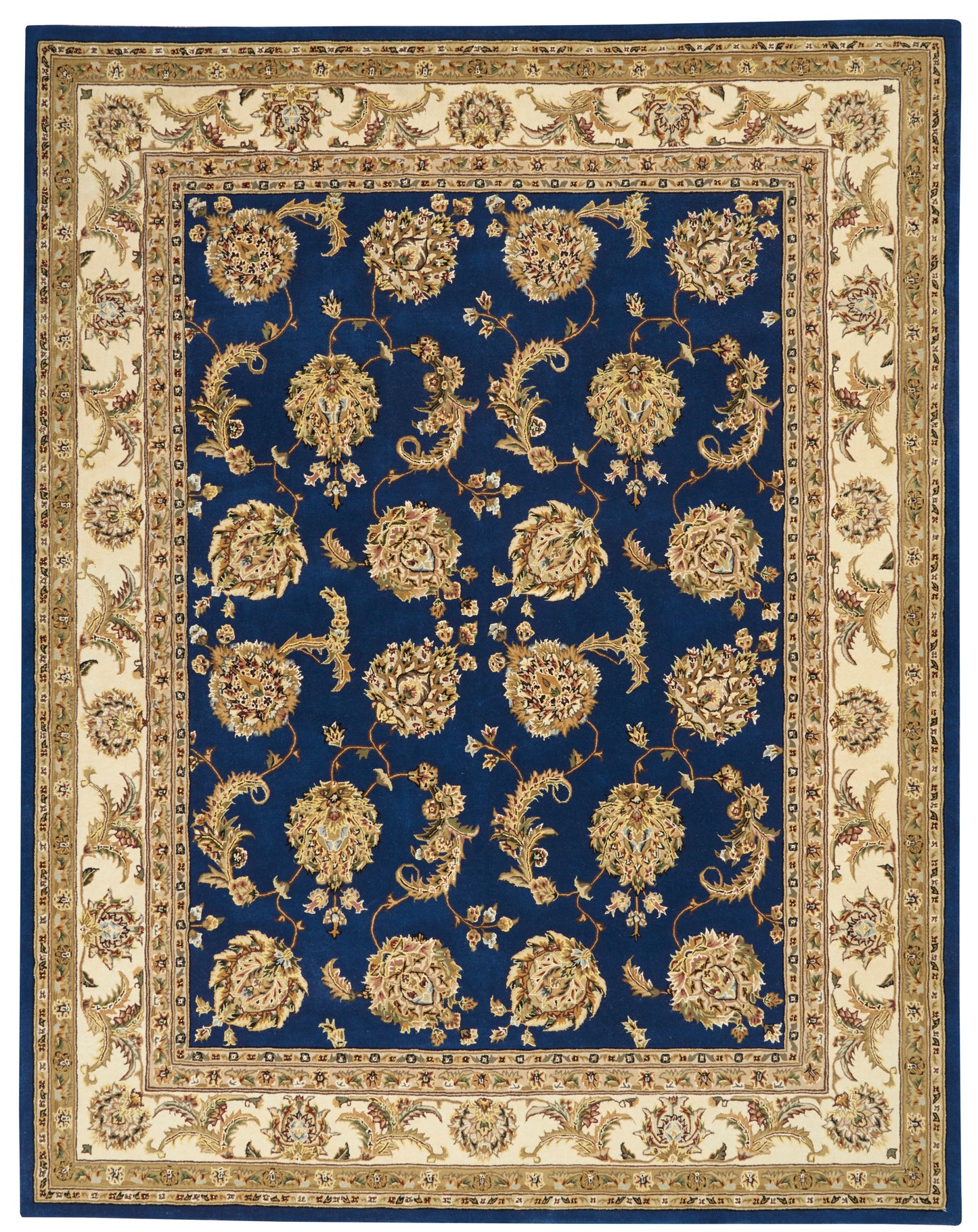 Traditional oriental rug with deep blue field and gold floral motifs, cream/beige borders for classic floor decor.