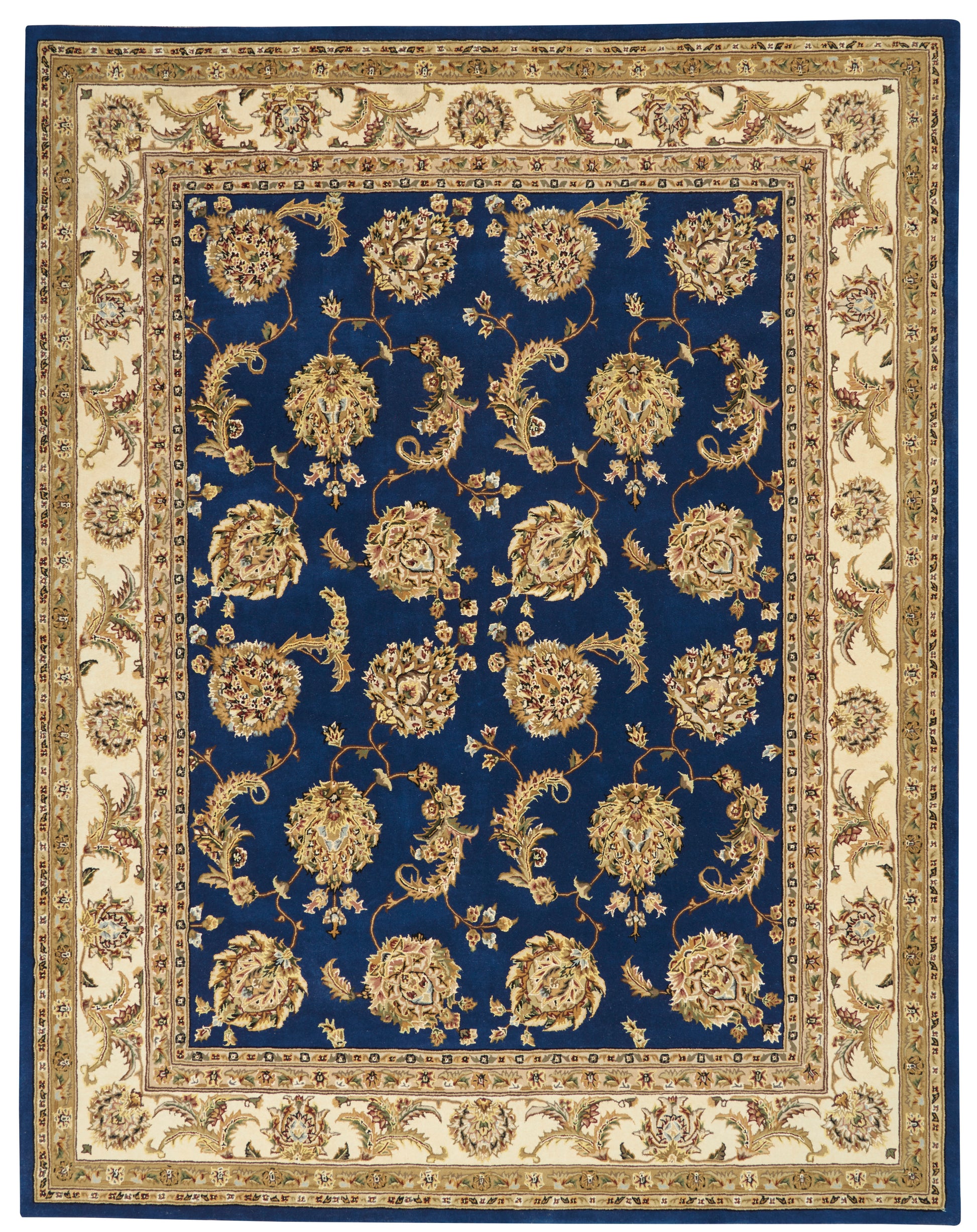 Traditional oriental rug with deep blue field and gold floral motifs, cream/beige borders for classic floor decor.