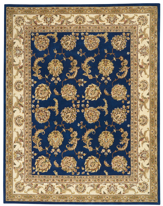 Traditional oriental rug with deep blue field and gold floral motifs, cream/beige borders for classic floor decor.