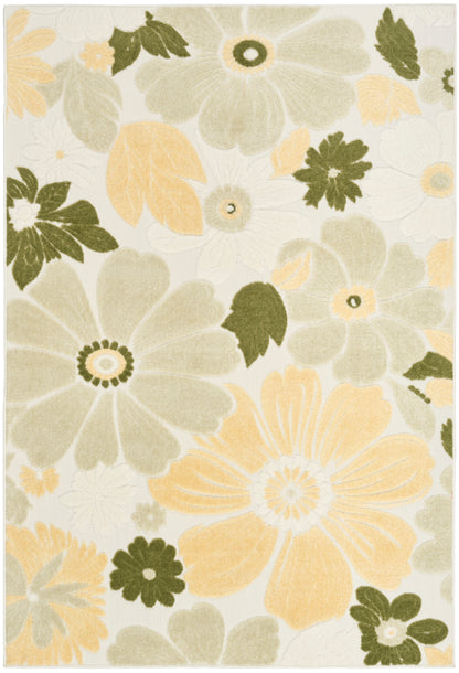 Rectangular area rug featuring large cream, beige and pale yellow flowers with olive-green leaves on ivory.