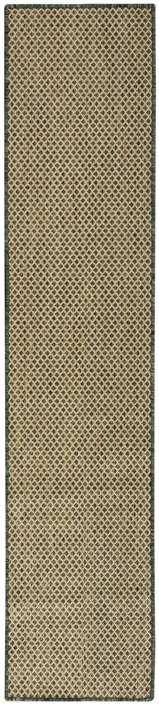 Natural jute hallway runner rug with beige diamond lattice on green field and a dark green border.