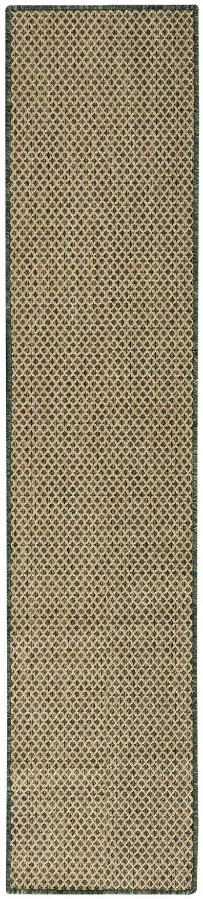 Natural jute hallway runner rug with beige diamond lattice on green field and a dark green border.