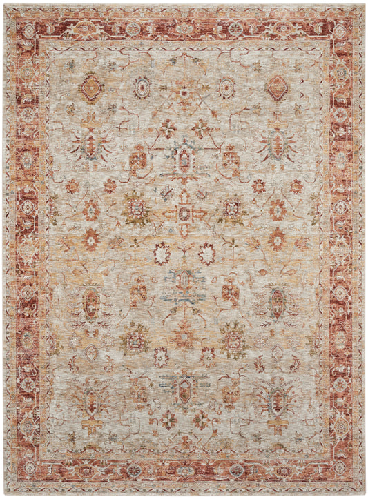 Rectangular vintage oriental rug with warm beige field, red rust border, and faded floral motifs in rust, blue, and olive.