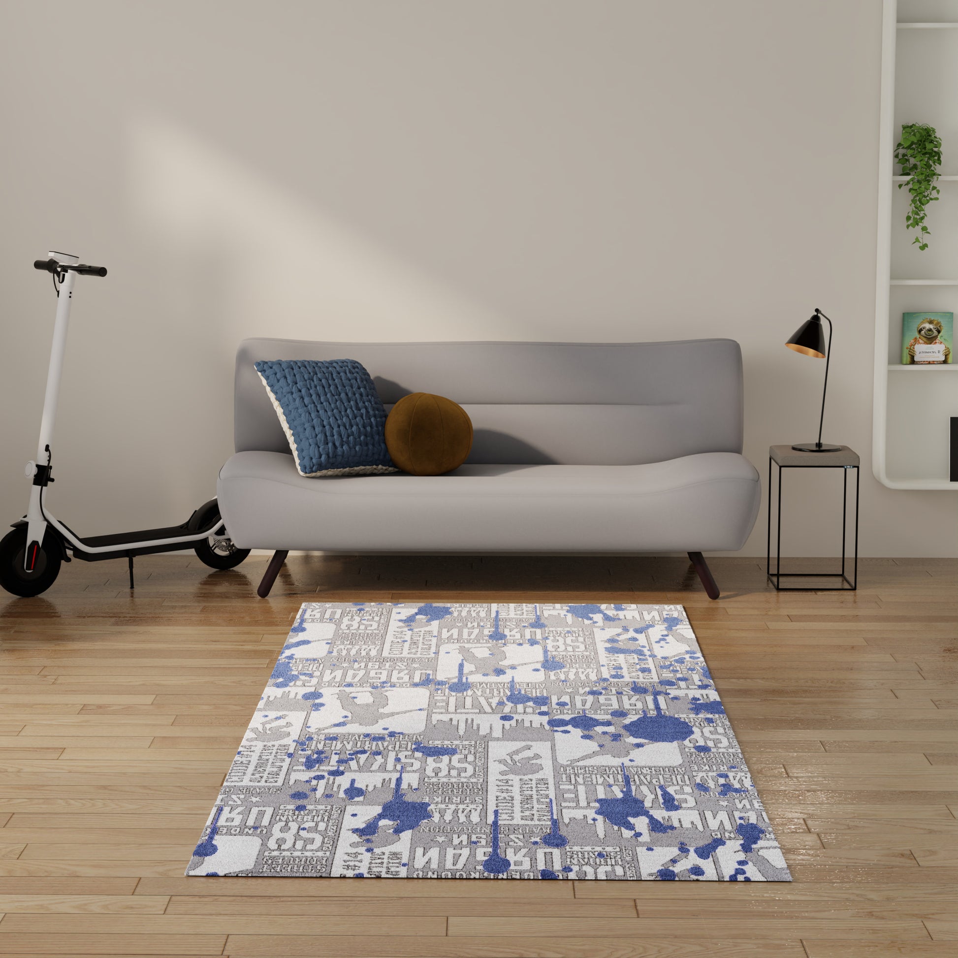 Modern grey sofa with blue cushion, brown pillow, black side table, orange lamp; scooter and blue-gray rug.