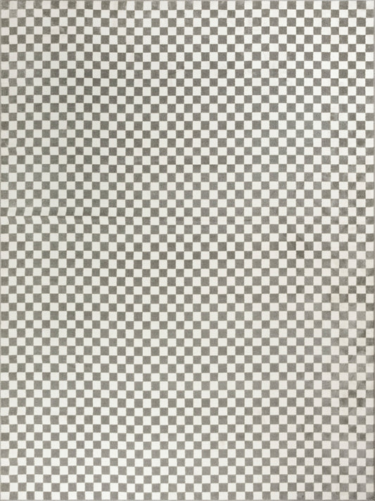 Monochrome black-and-white checkerboard rug with a small square grid pattern.