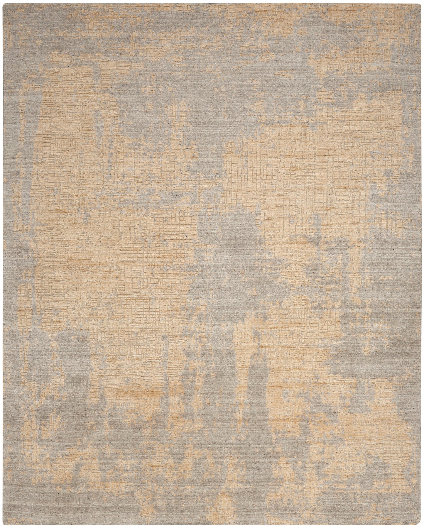 Beige and gray distressed area rug with irregular patchwork texture and muted tones.