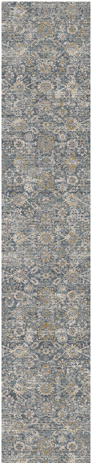 Long blue-gray woven runner rug with distressed ivory floral medallion motif and subtle gold accents.
