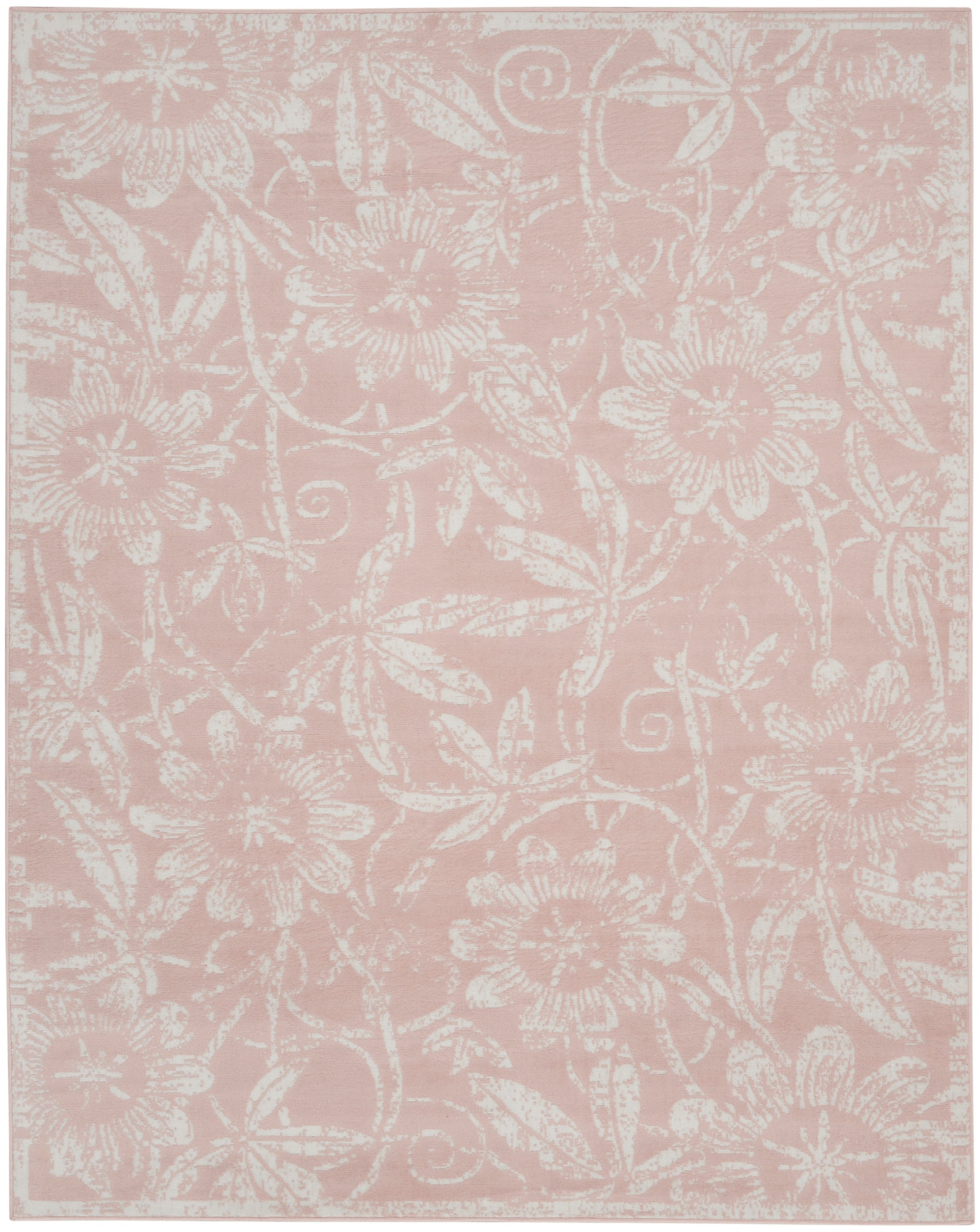 Soft pink rug with white floral vine pattern; decorative textile floor covering.