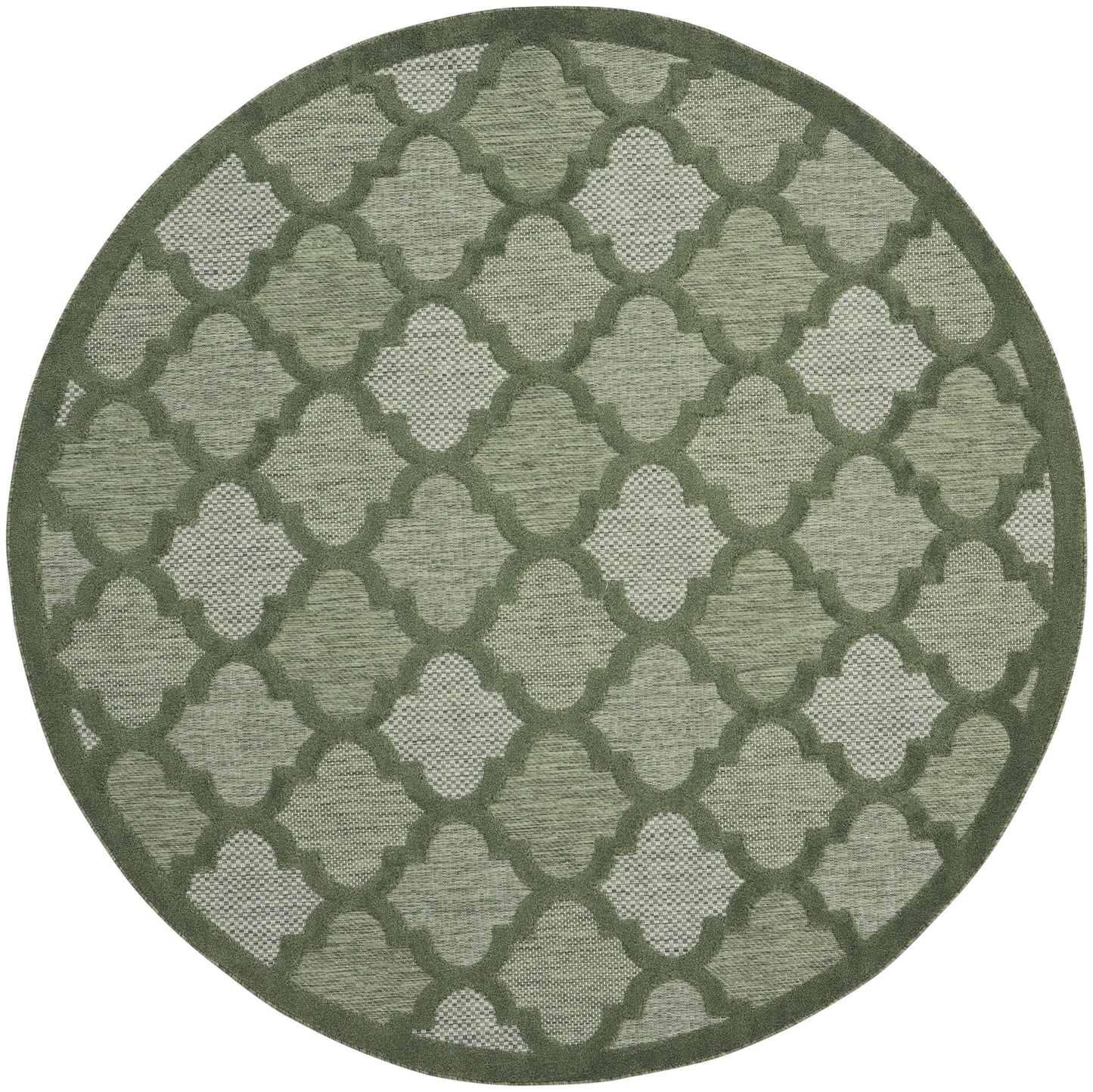 Round green rug with a repeating trellis lattice pattern in olive and sage tones; woven outdoor-style textile.