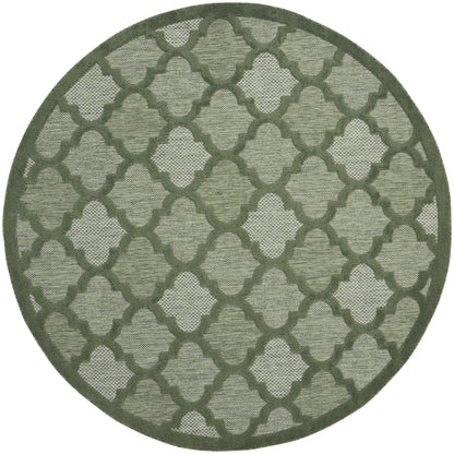Round green rug with a repeating trellis lattice pattern in olive and sage tones; woven outdoor-style textile.