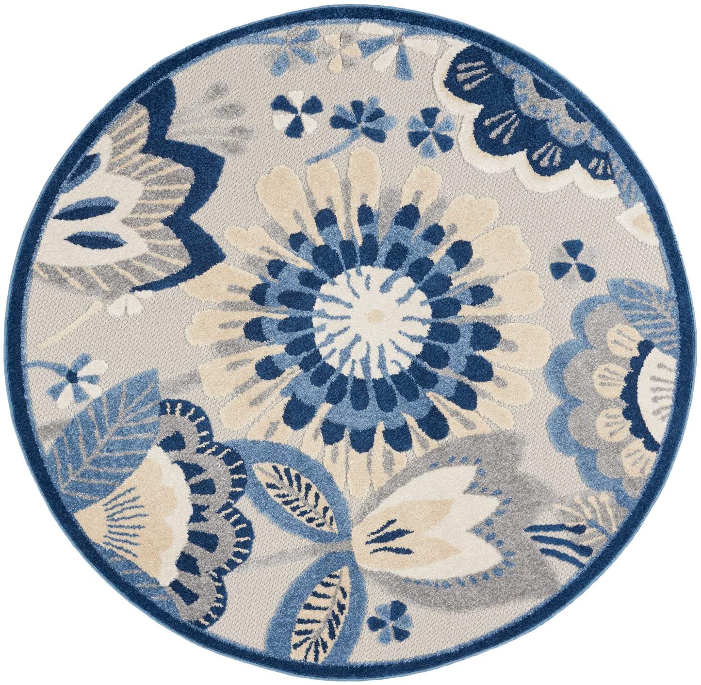 Round floral rug in blue, cream & beige tones; woven texture, decorative rug for living room.
