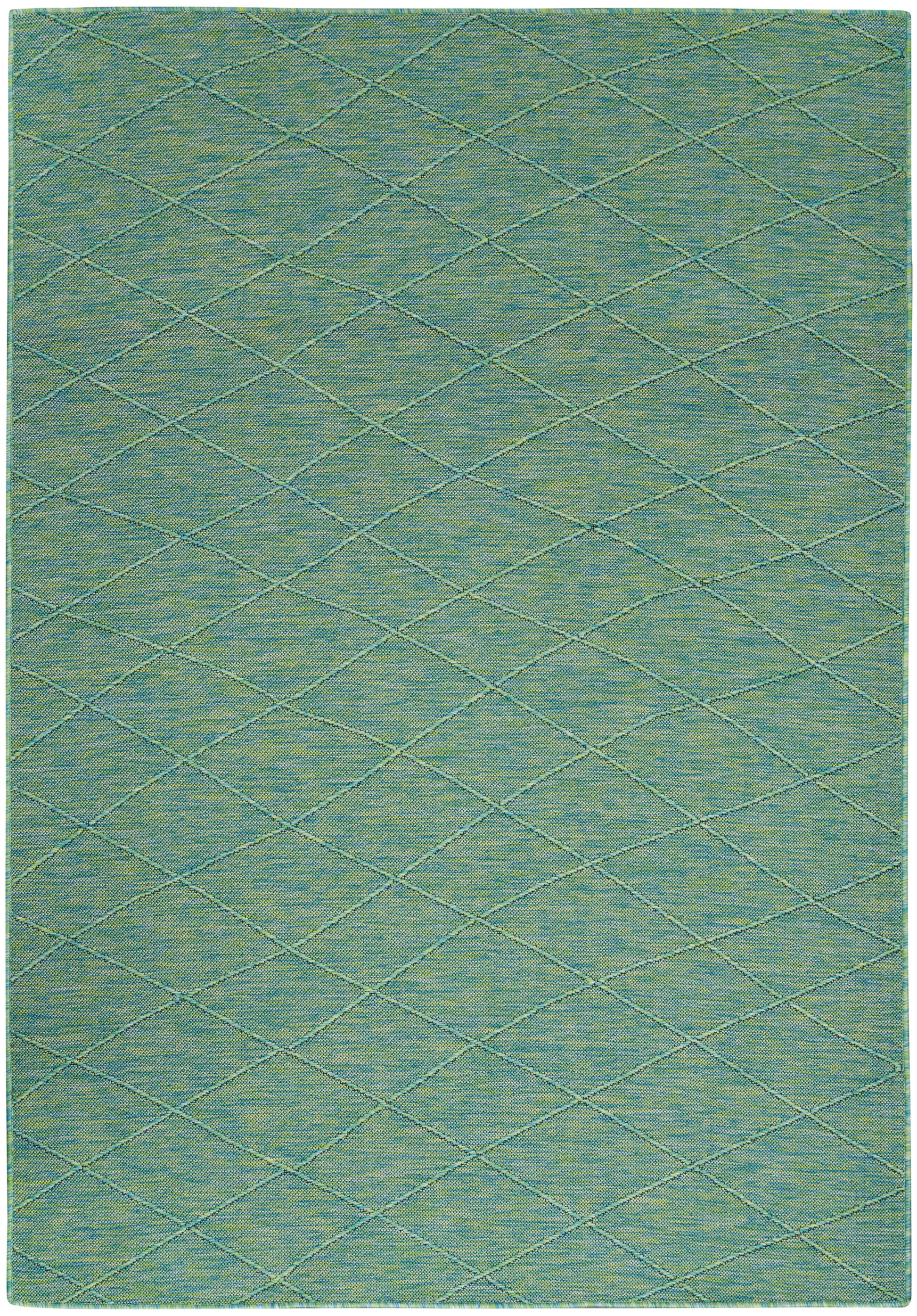 Blue-green gradient area rug with a diagonal diamond lattice stitch pattern.