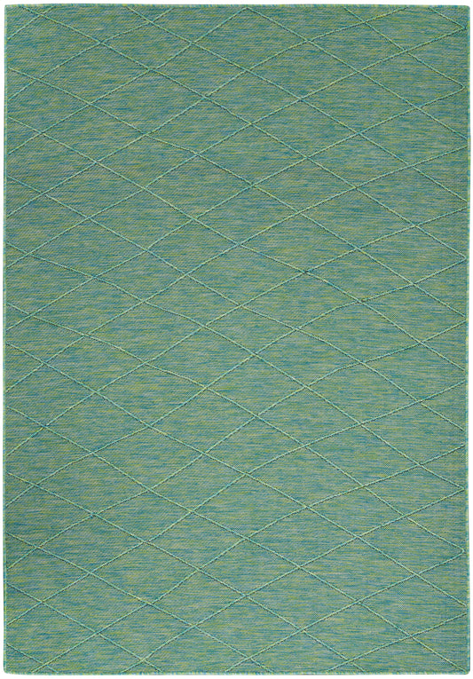 Blue-green gradient area rug with a diagonal diamond lattice stitch pattern.
