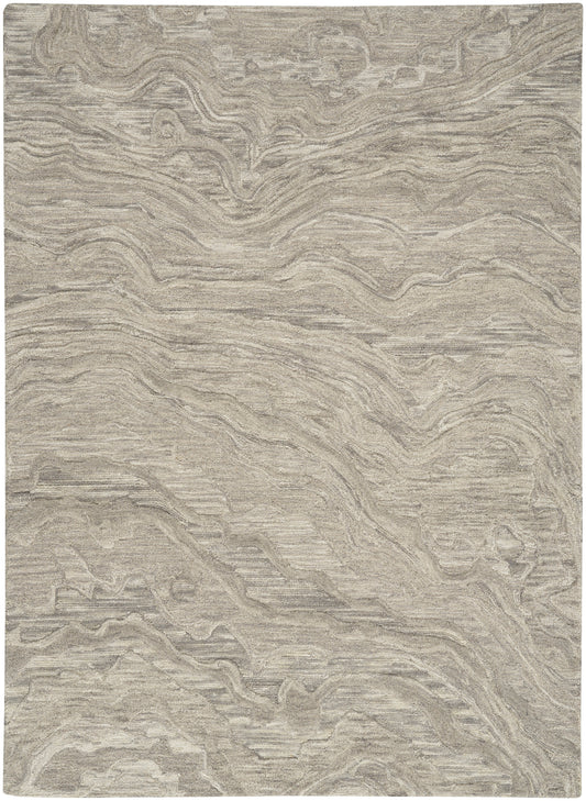 Beige-gray rectangular area rug with abstract marble swirls; plush texture, modern style.