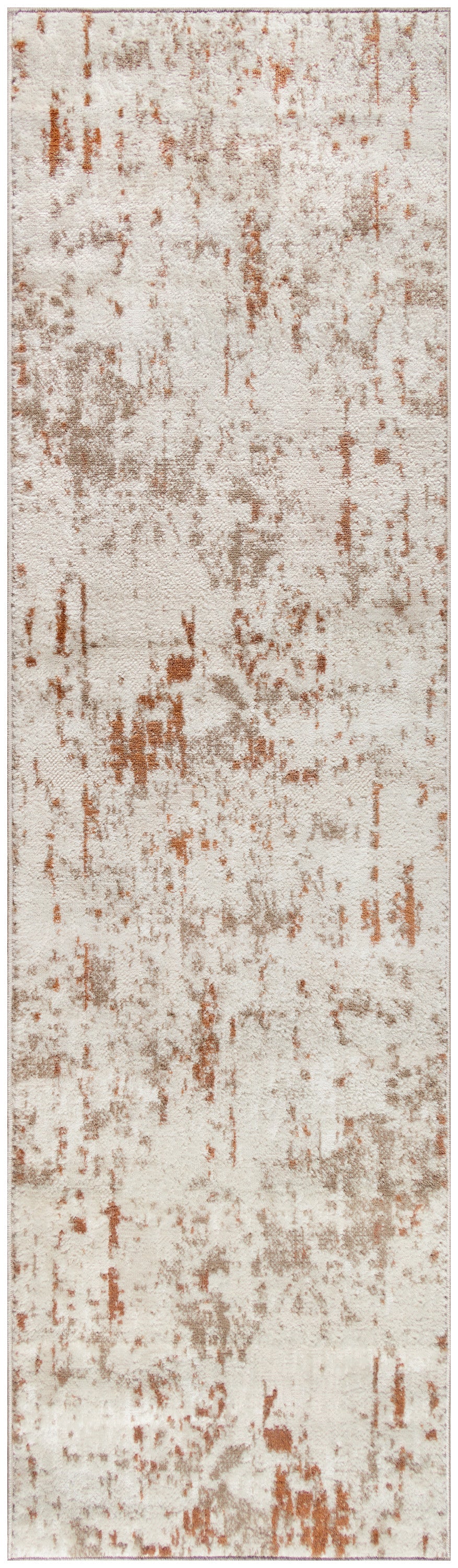 Long beige runner rug with irregular rust-brown distressed pattern, modern rustic style.
