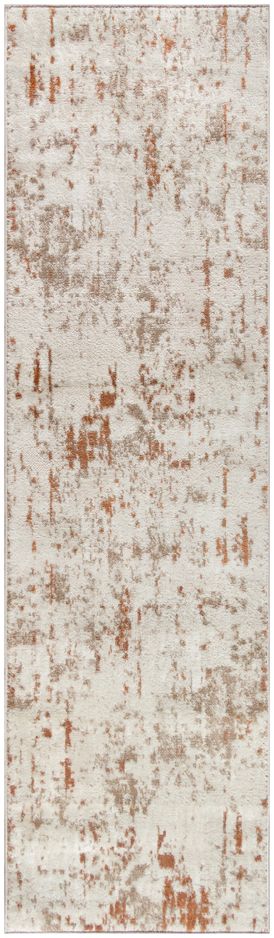 Long beige runner rug with irregular rust-brown distressed pattern, modern rustic style.