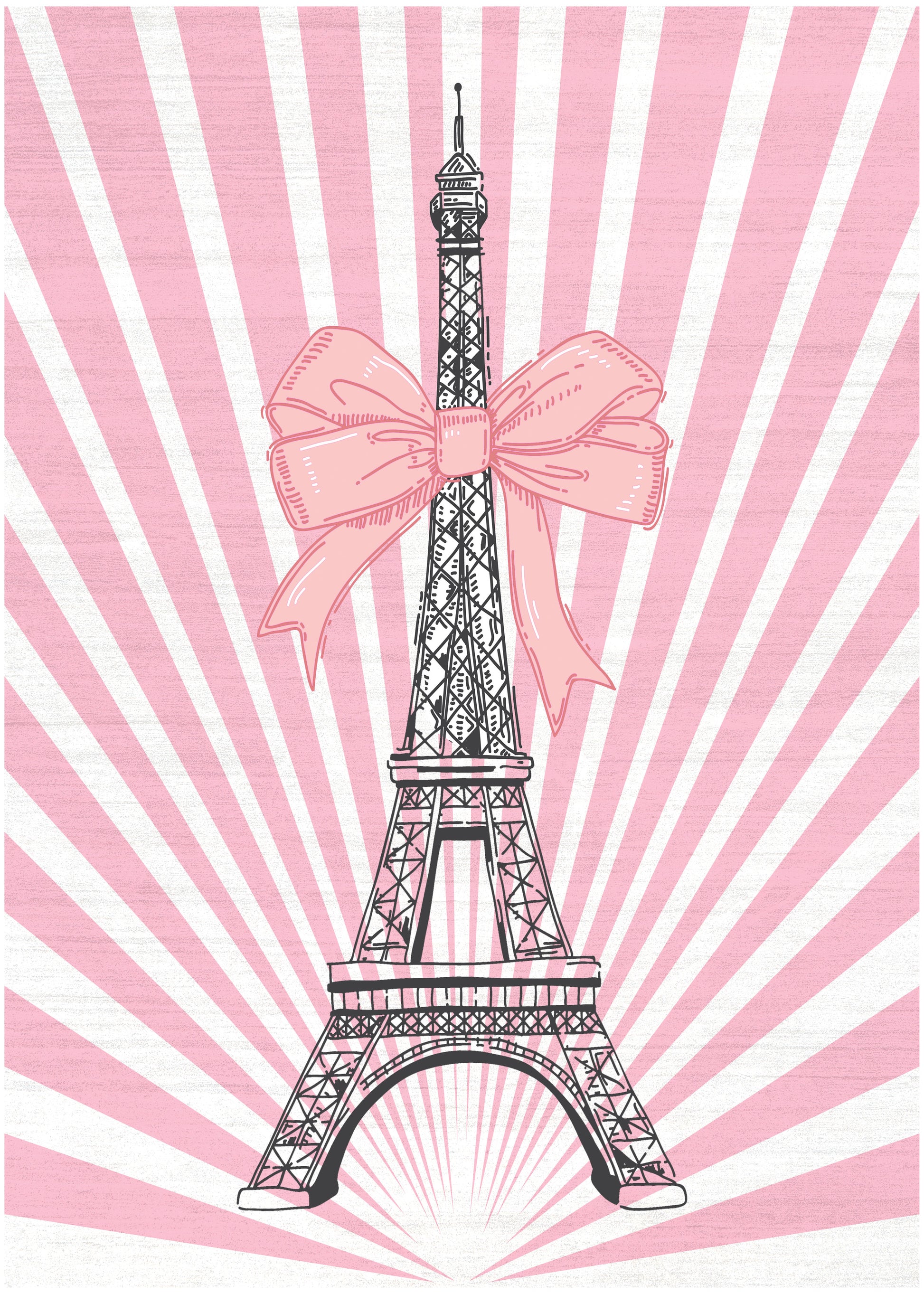 Pink poster of the Eiffel Tower in black line art with a large pink bow and sunburst backdrop.