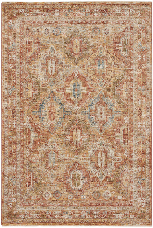 Distressed oriental rug with warm browns, reds, beiges and pale blue; geometric medallions and an ornate border.