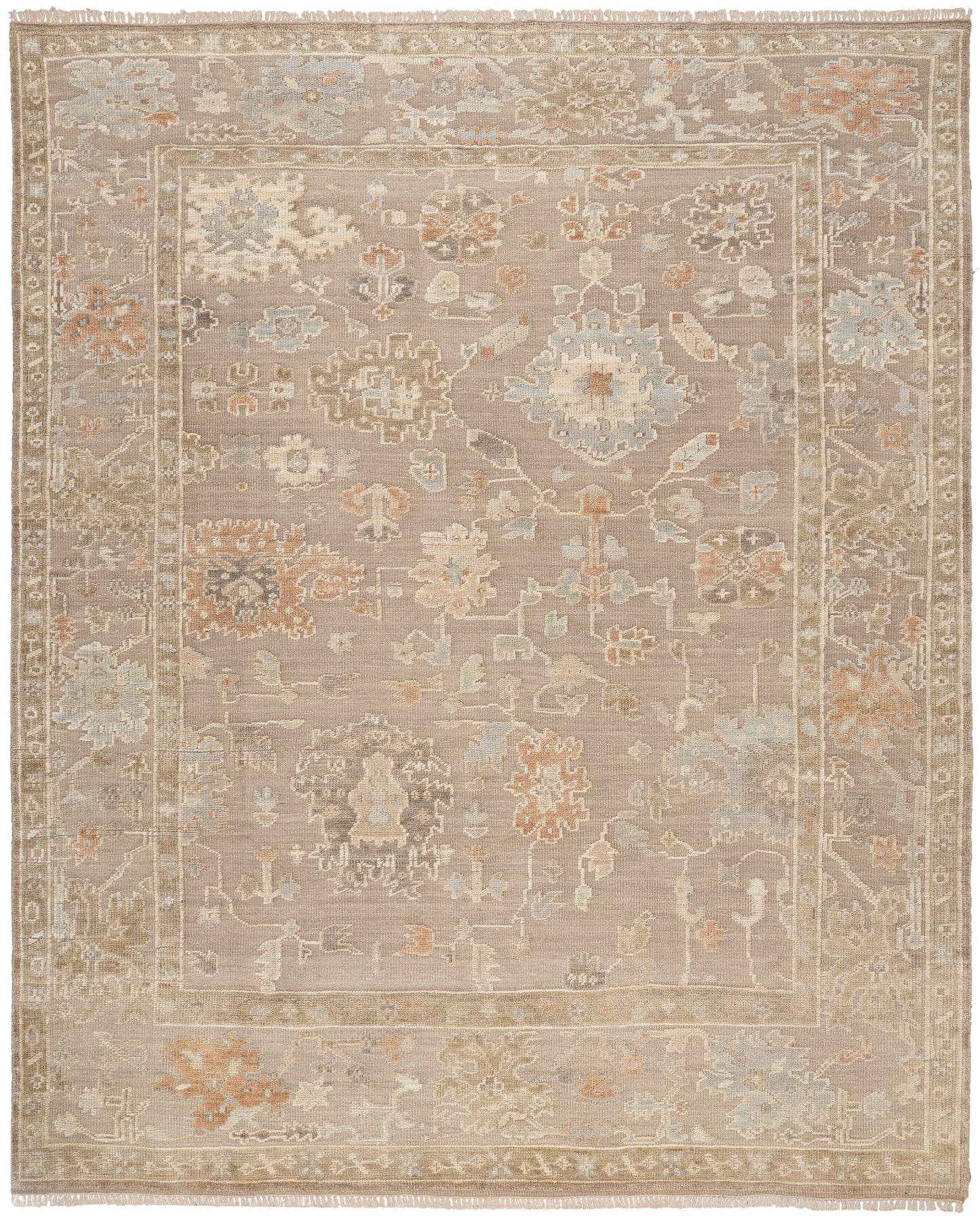 Taupe-beige oriental rug with ivory, pale blue and peach floral motifs and decorative borders, vintage distressed style.