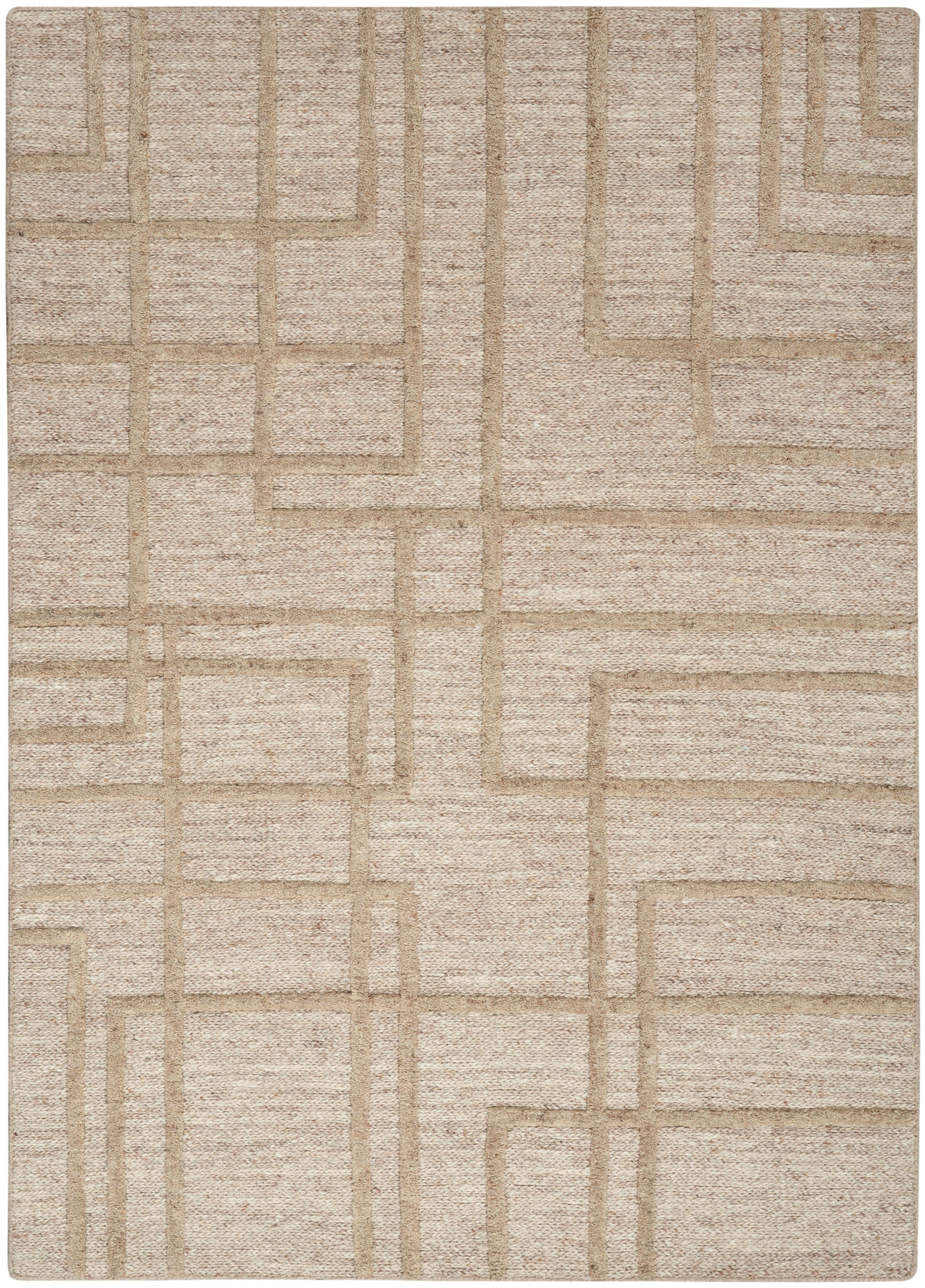 Beige woven area rug with tan interlocking rectangular borders; textured geometric pattern for neutral decor.
