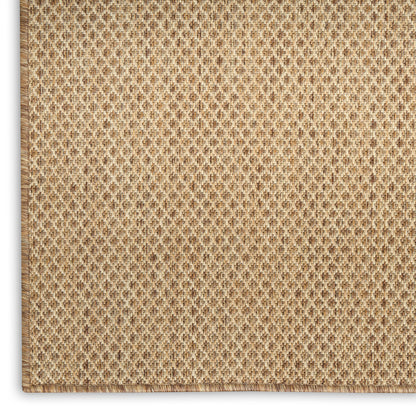 Close-up of natural beige woven jute with tight diamond basketweave and stitched border.