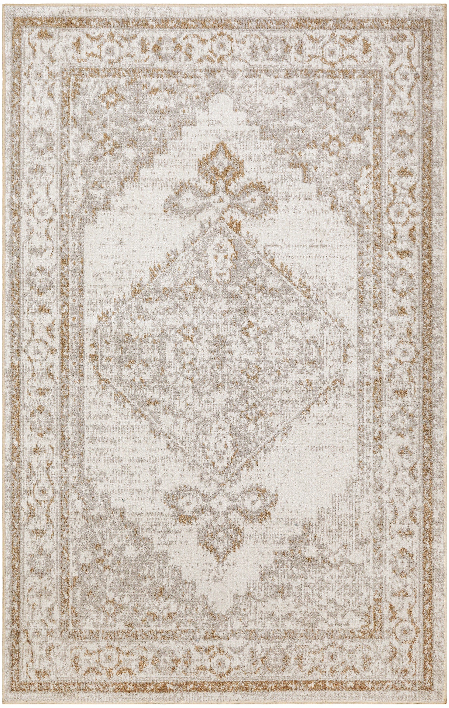 Beige oriental area rug with ivory field, taupe-gold border and diamond medallion, ornate floral motif.