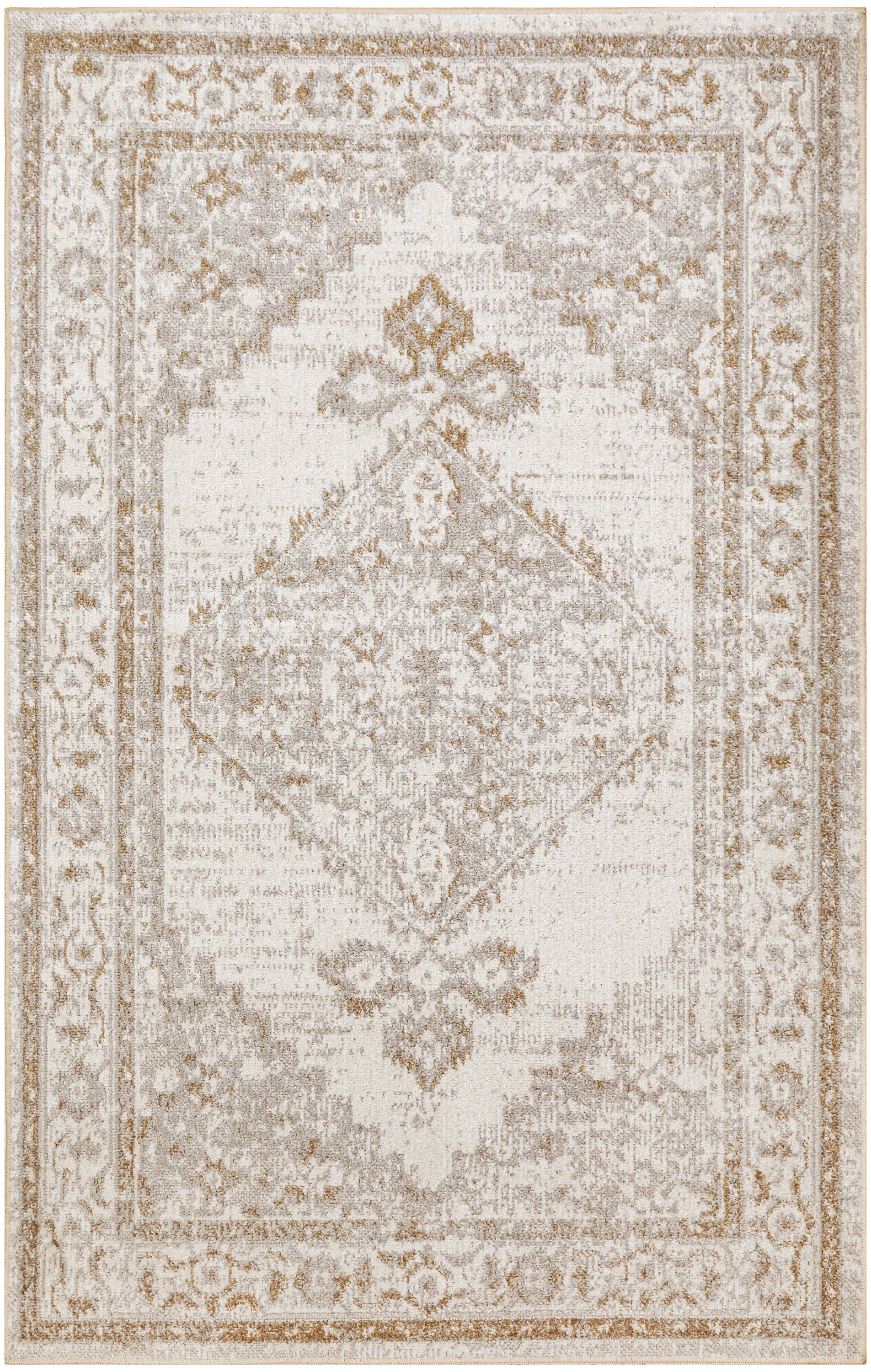 Beige oriental area rug with ivory field, taupe-gold border and diamond medallion, ornate floral motif.