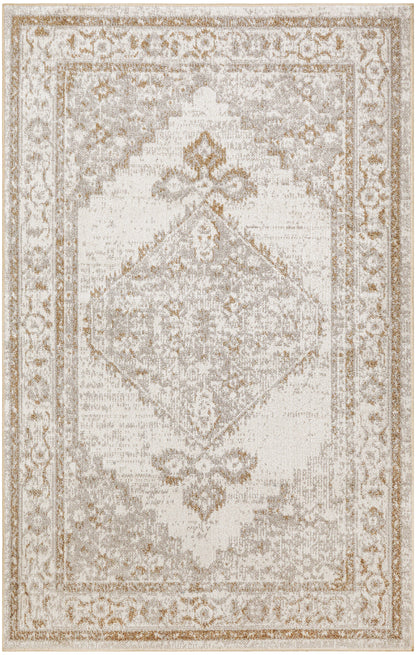 Beige oriental area rug with ivory field, taupe-gold border and diamond medallion, ornate floral motif.