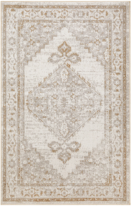 Beige oriental area rug with ivory field, taupe-gold border and diamond medallion, ornate floral motif.